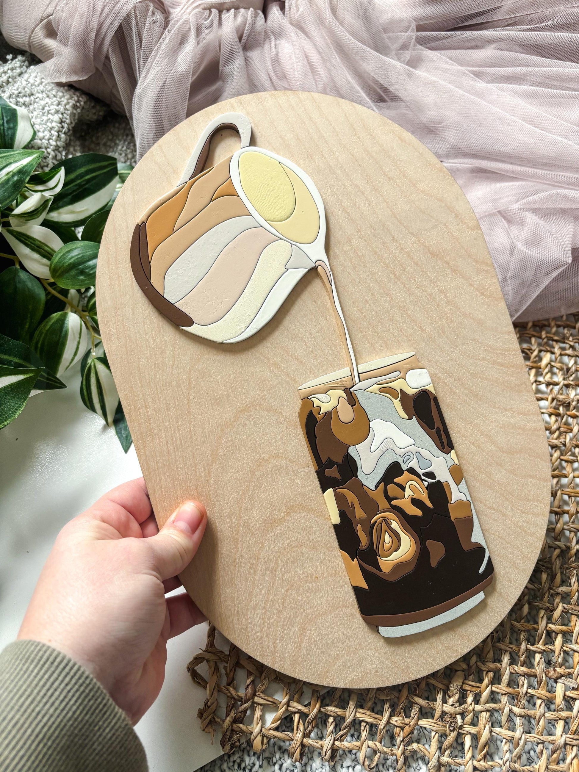 Iced Coffee Wall Art, Hand Painted Laser Cut Color Block Coffee Sign, Hand Painted Wall Decor, Feminine Wall Art, Cozy Boho Home Decor