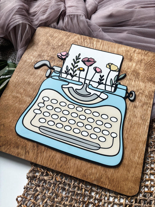 Vintage Typewriter Floral Wood Sign, Hand Painted Writer Author Office Decor, Book Lover Wall Art, Cottagecore Literary Decor, Bookish Gift