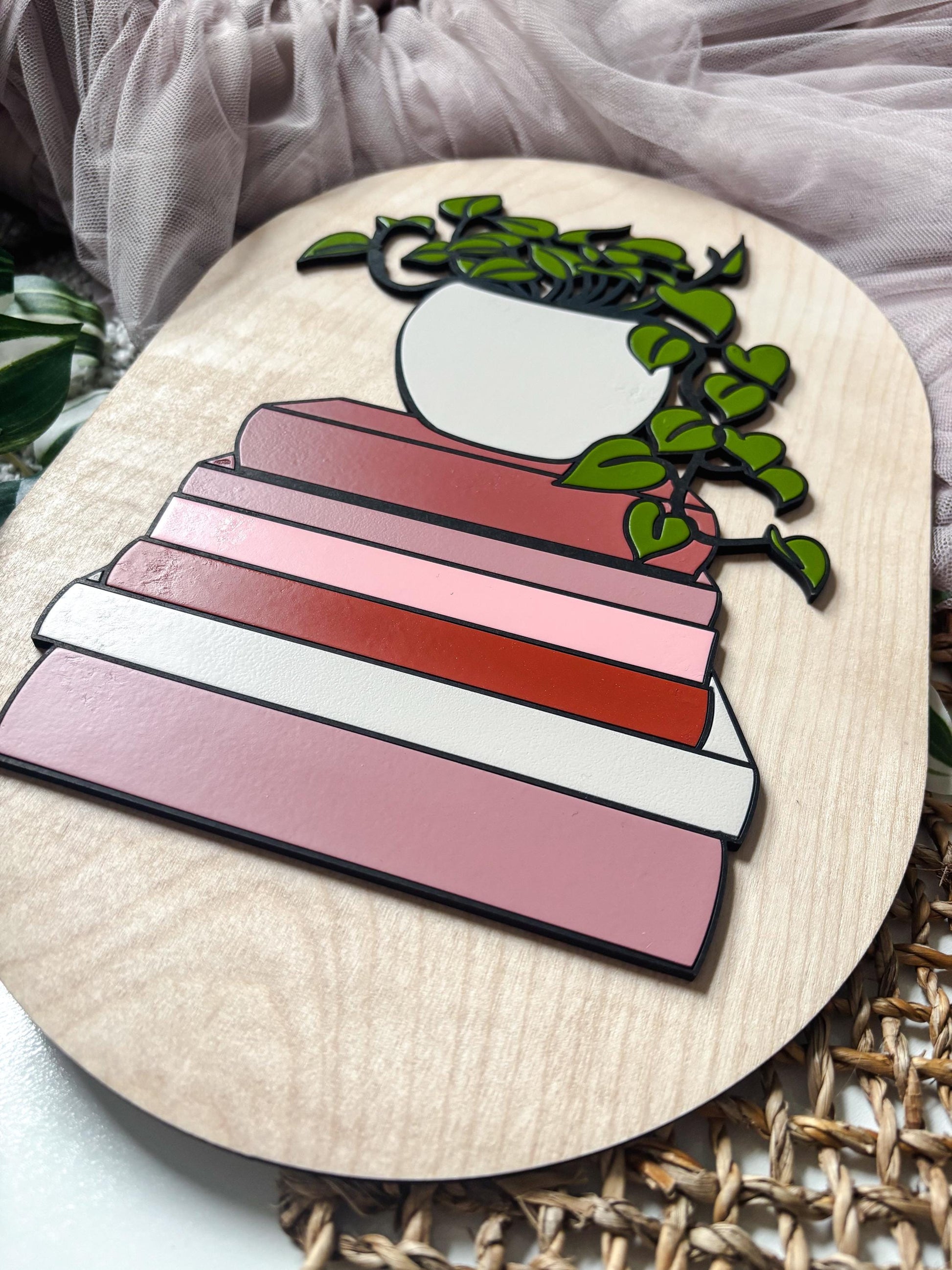 Book Stack Wall Art with Plant, Book Lover Gift, Reader Decor, Literary Wall Art, Bookish Decor, Plant Lover Gift, Cozy Home Decor