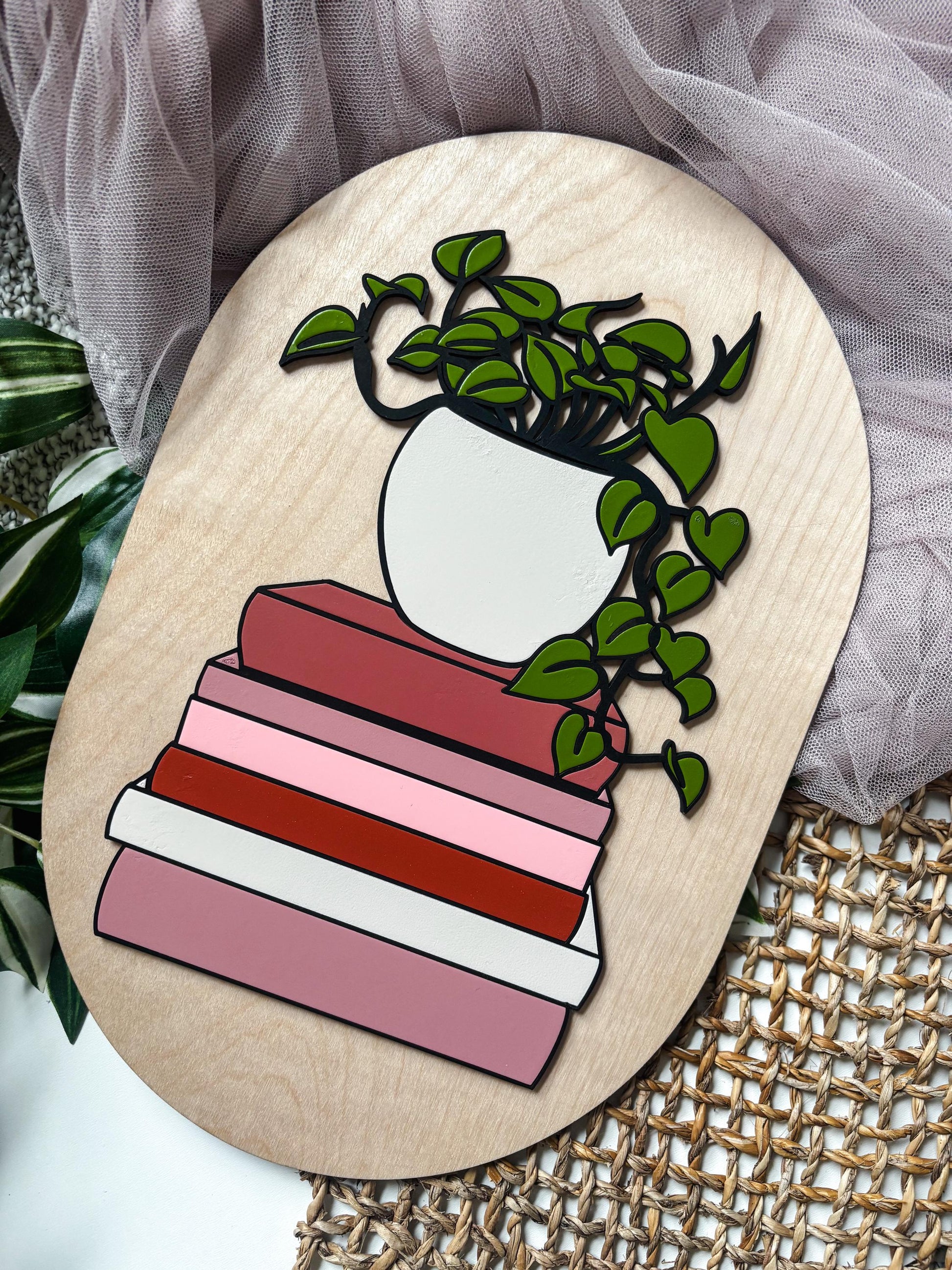 Book Stack Wall Art with Plant, Book Lover Gift, Reader Decor, Literary Wall Art, Bookish Decor, Plant Lover Gift, Cozy Home Decor