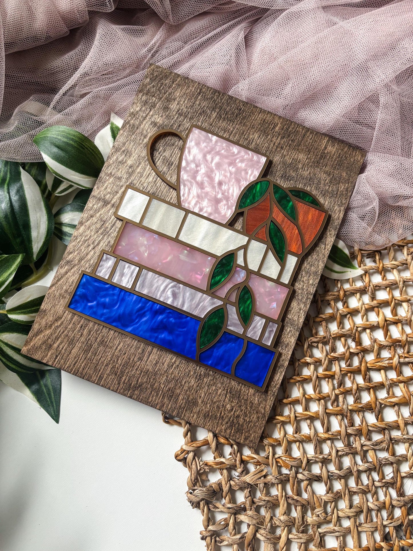 Book Stack Wall Art with Coffee & Plant, Faux Stained Glass Coffee Decor, Book Lover Gift, Reading Nook Wall Art, Cozy Coffee Lover Art