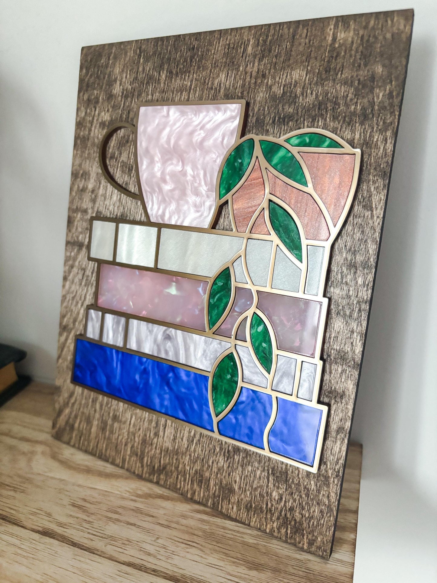 Book Stack Wall Art with Coffee & Plant, Faux Stained Glass Coffee Decor, Book Lover Gift, Reading Nook Wall Art, Cozy Coffee Lover Art