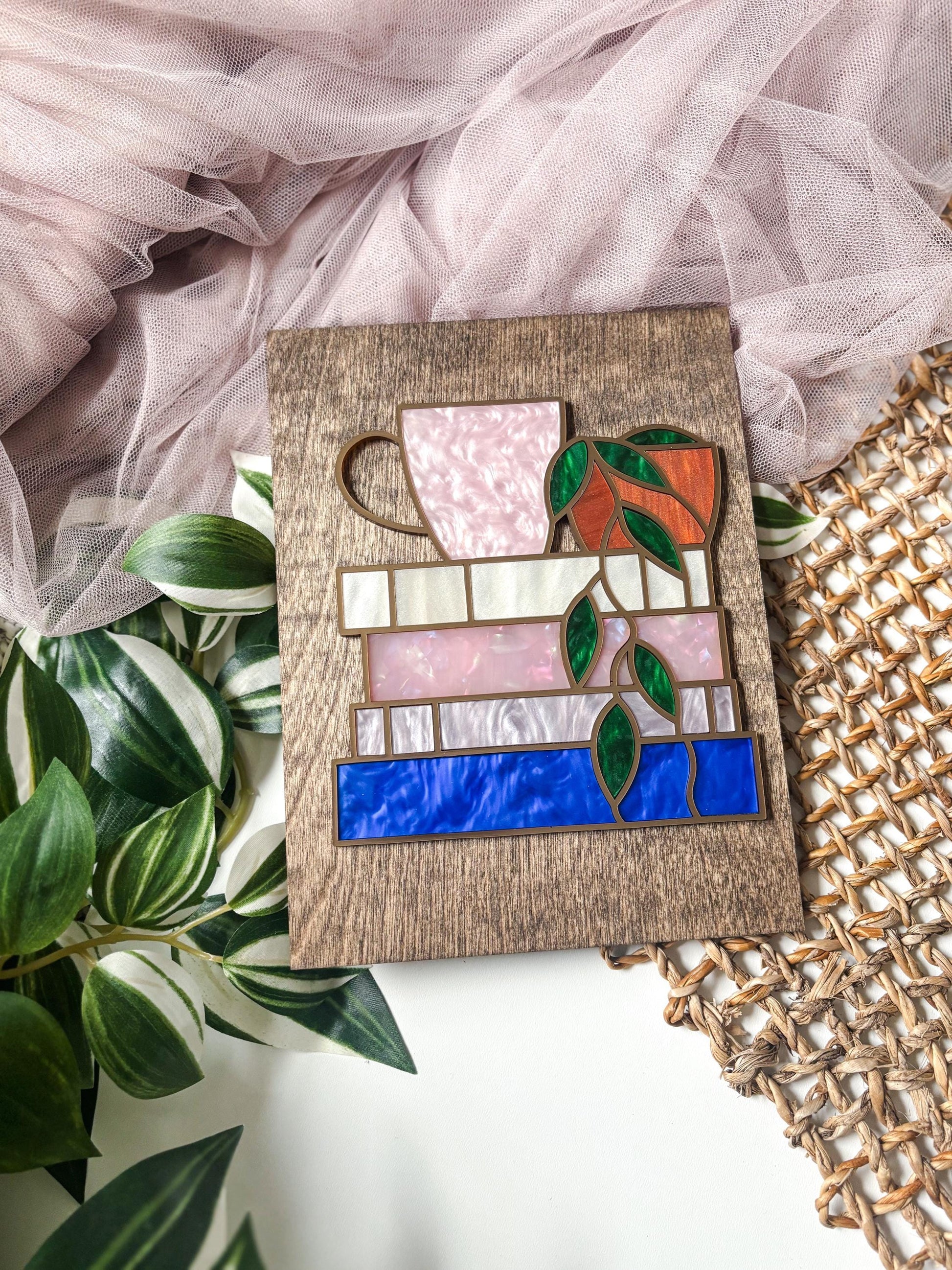 Book Stack Wall Art with Coffee & Plant, Faux Stained Glass Coffee Decor, Book Lover Gift, Reading Nook Wall Art, Cozy Coffee Lover Art