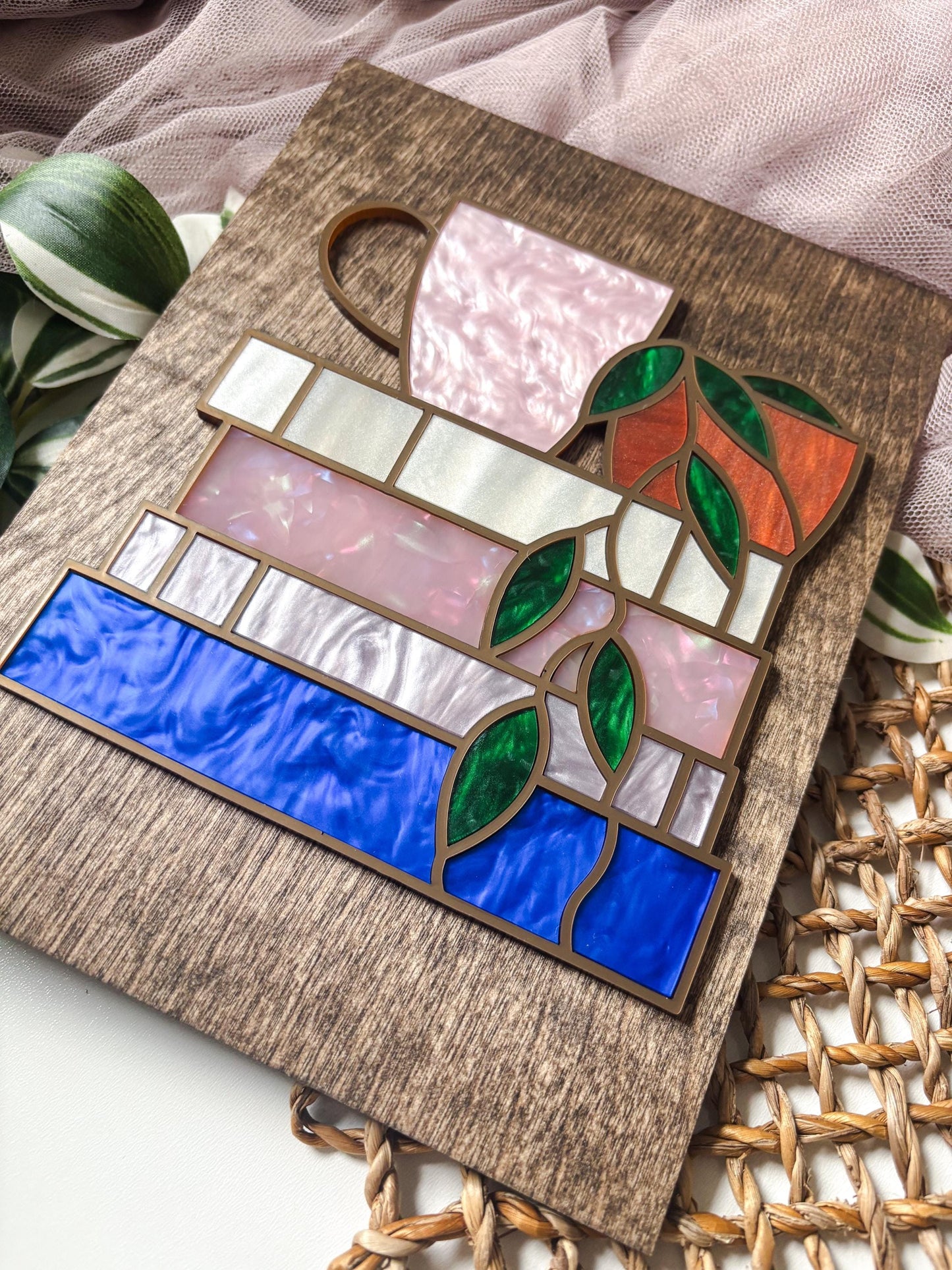 Book Stack Wall Art with Coffee & Plant, Faux Stained Glass Coffee Decor, Book Lover Gift, Reading Nook Wall Art, Cozy Coffee Lover Art