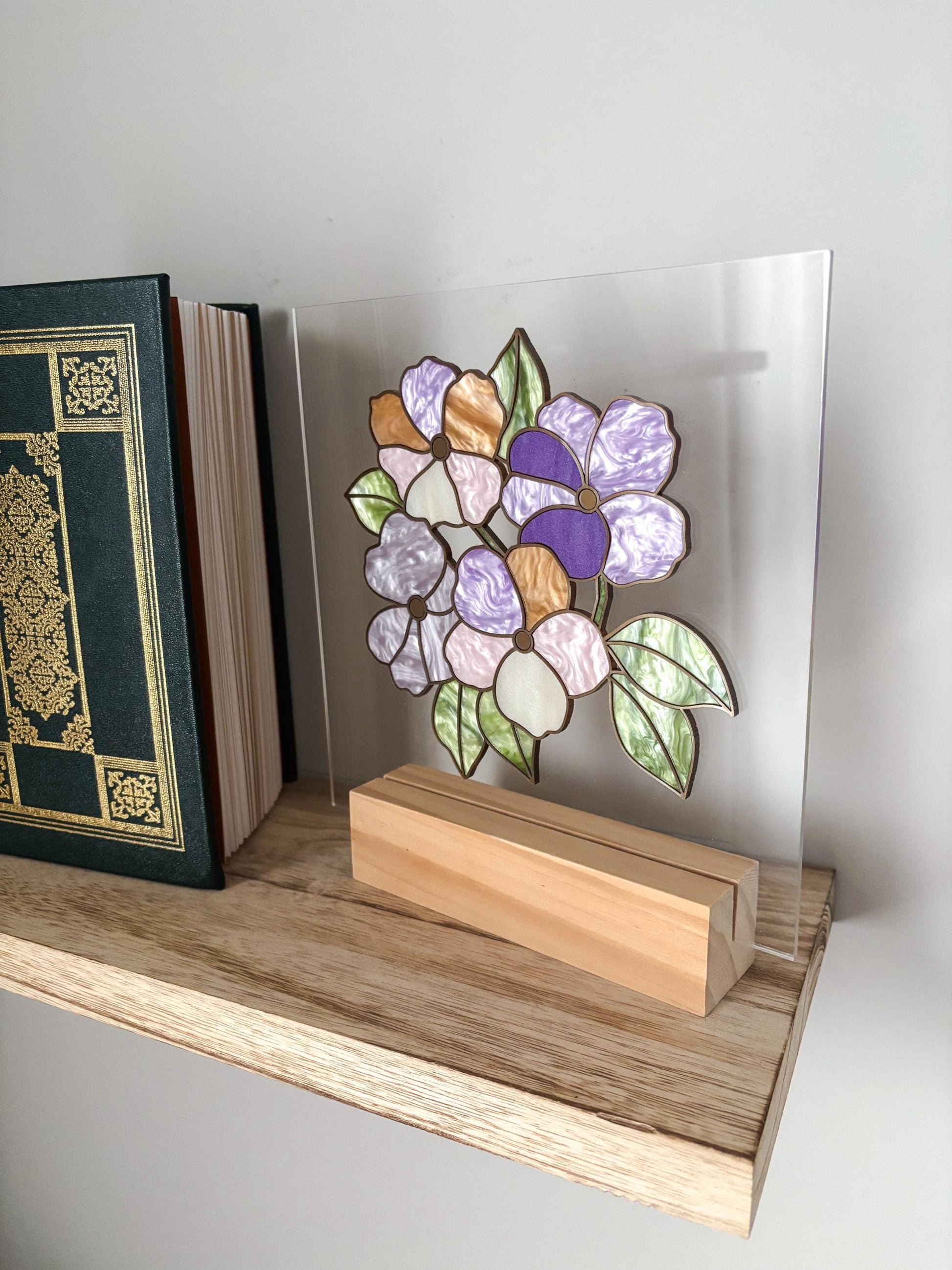 Pastel Floral Acrylic Desk Decor, Stained Glass Style Flower Art, Botanical Bookshelf Decor with Stand, Cottagecore Gift for Flower Lovers