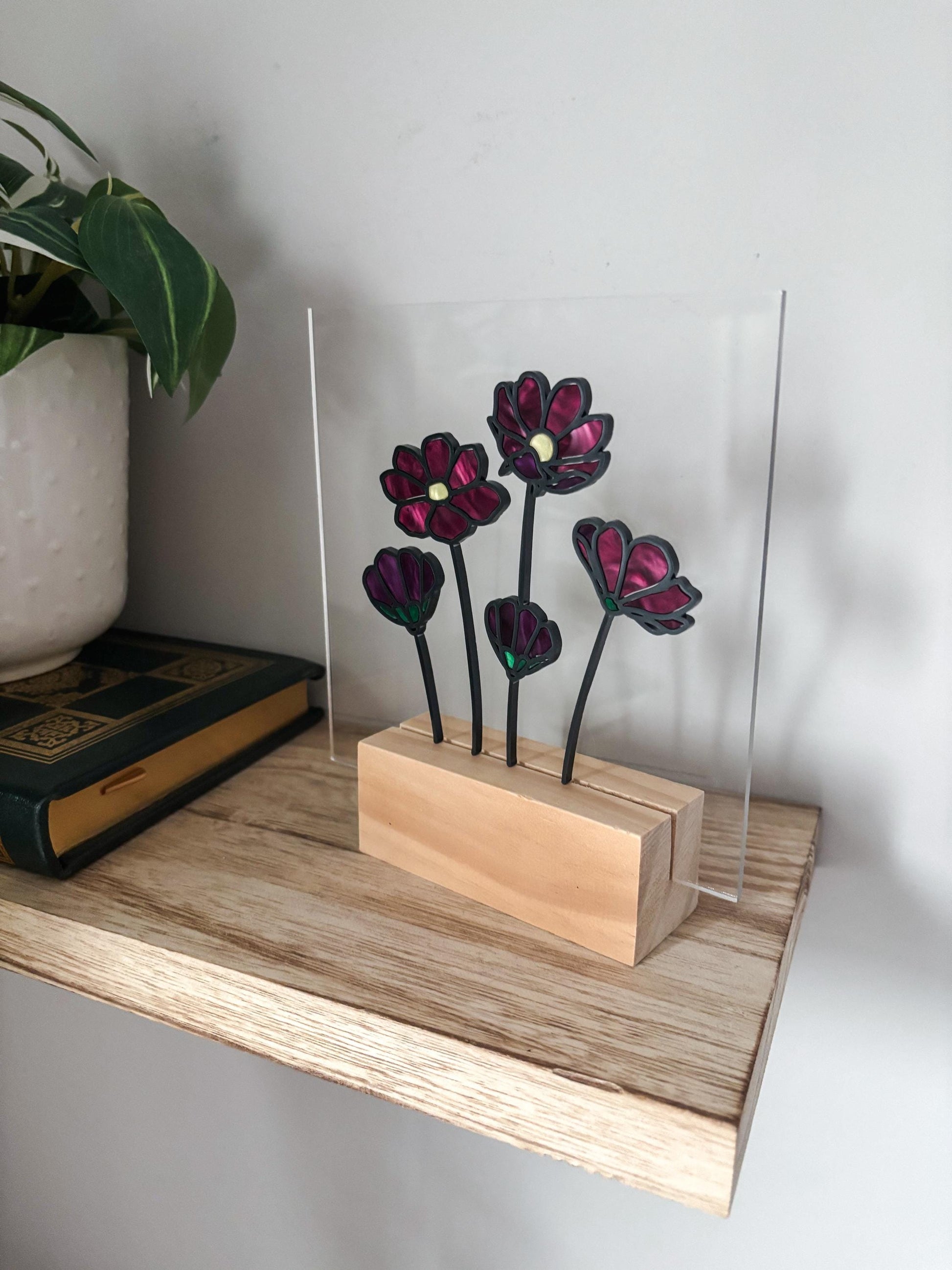 Floral Acrylic Shelf Decor, Purple Stained Glass Style Flower Art, Botanical Desk Decor with Stand, Cottagecore Gift for Flower Lovers