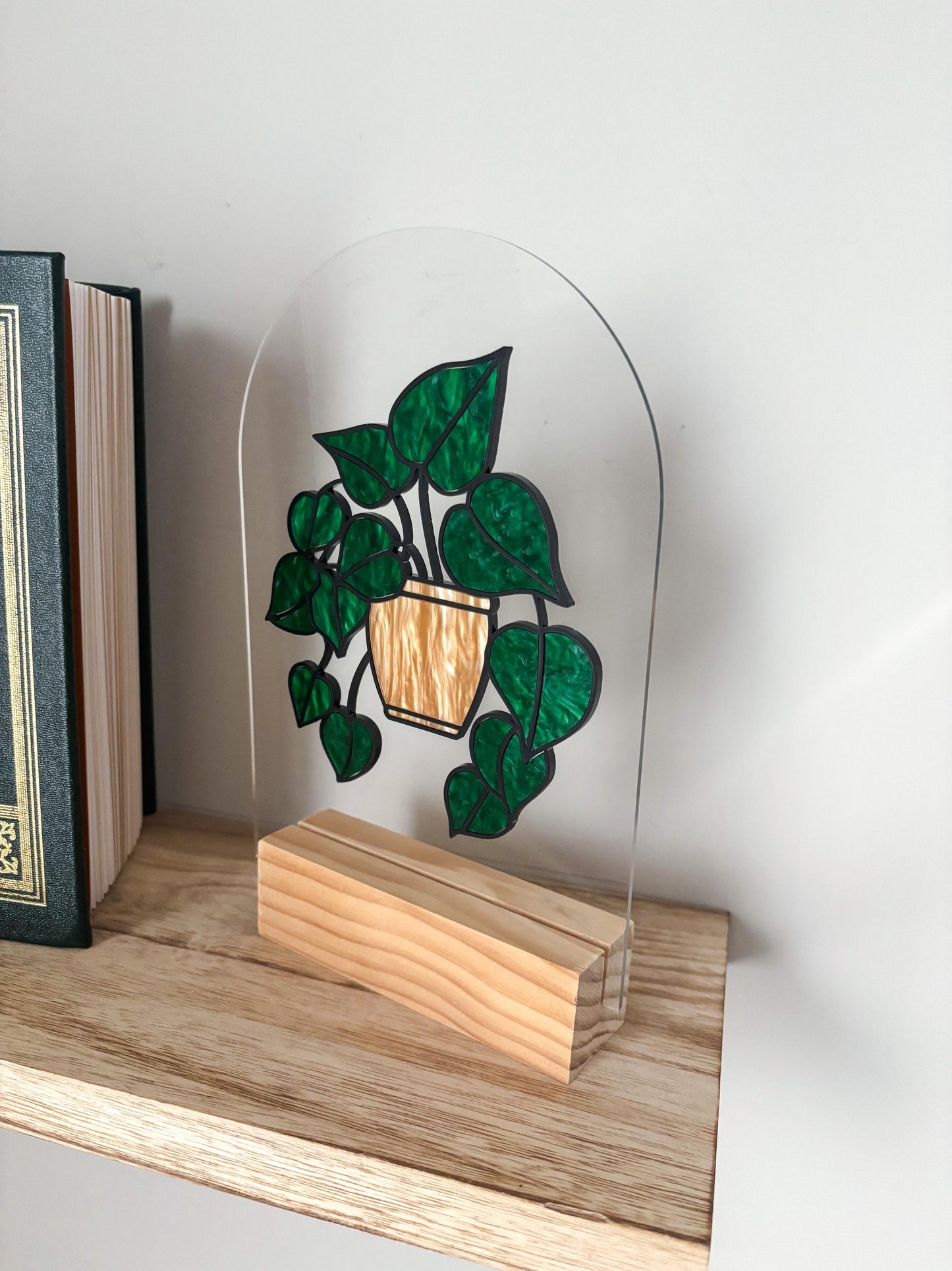 Pothos Plant Shelf Decor, Stained Glass Style Botanical Acrylic Sign, Plant Lover Gift, Greenery Shelf Decor, Cottagecore Home Decor