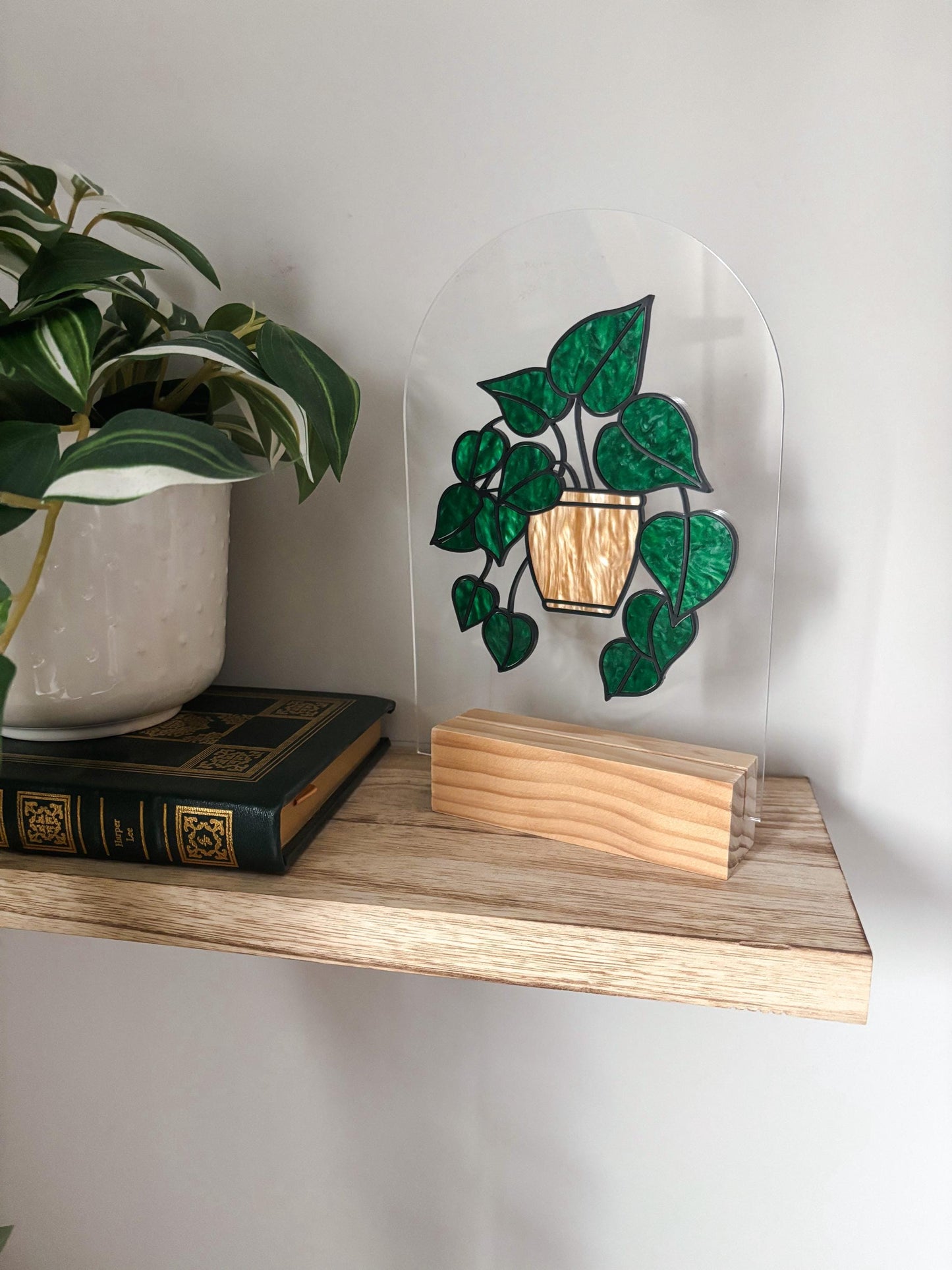 Pothos Plant Shelf Decor, Stained Glass Style Botanical Acrylic Sign, Plant Lover Gift, Greenery Shelf Decor, Cottagecore Home Decor