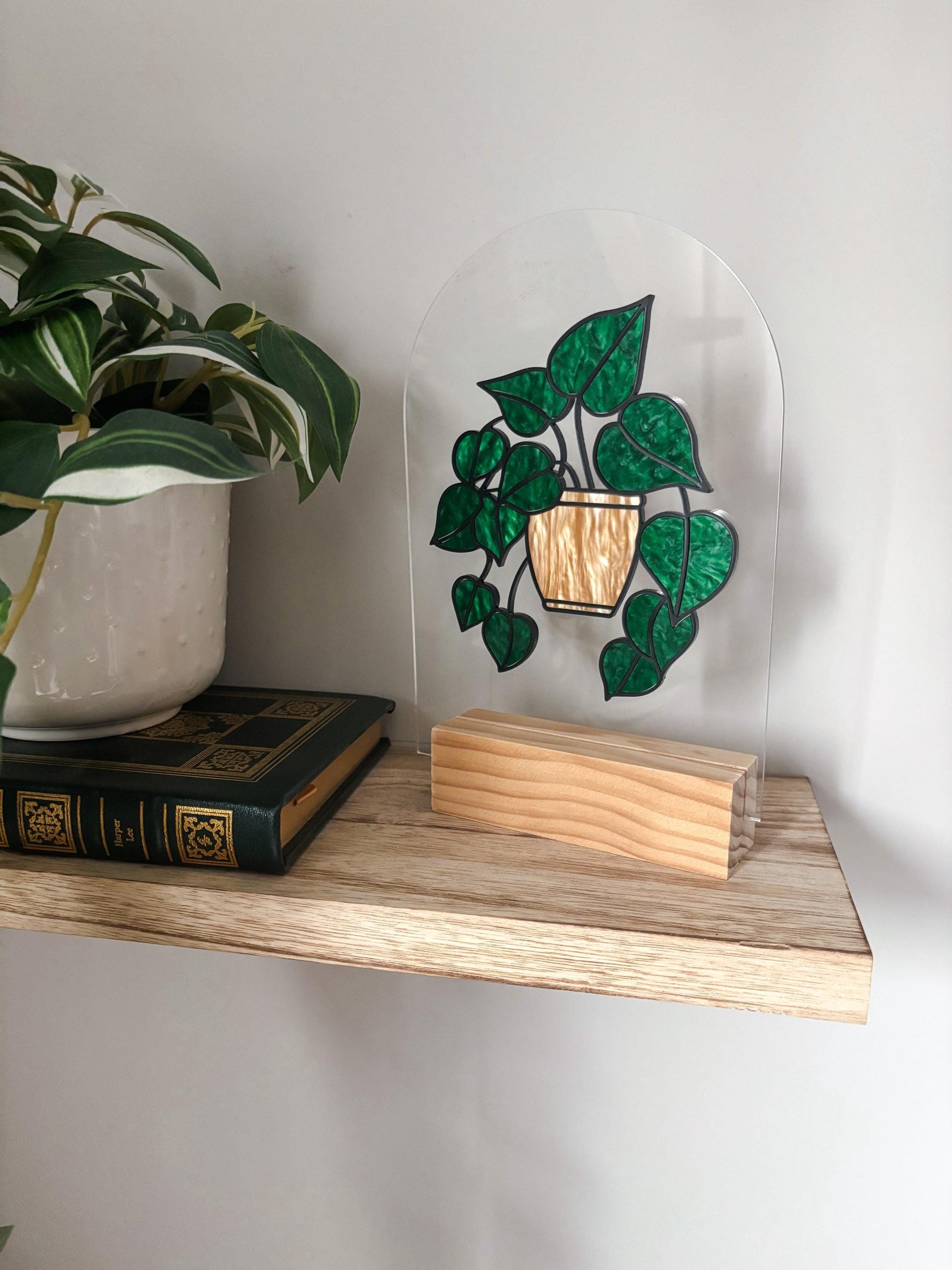 Pothos Plant Shelf Decor, Stained Glass Style Botanical Acrylic Sign, Plant Lover Gift, Greenery Shelf Decor, Cottagecore Home Decor