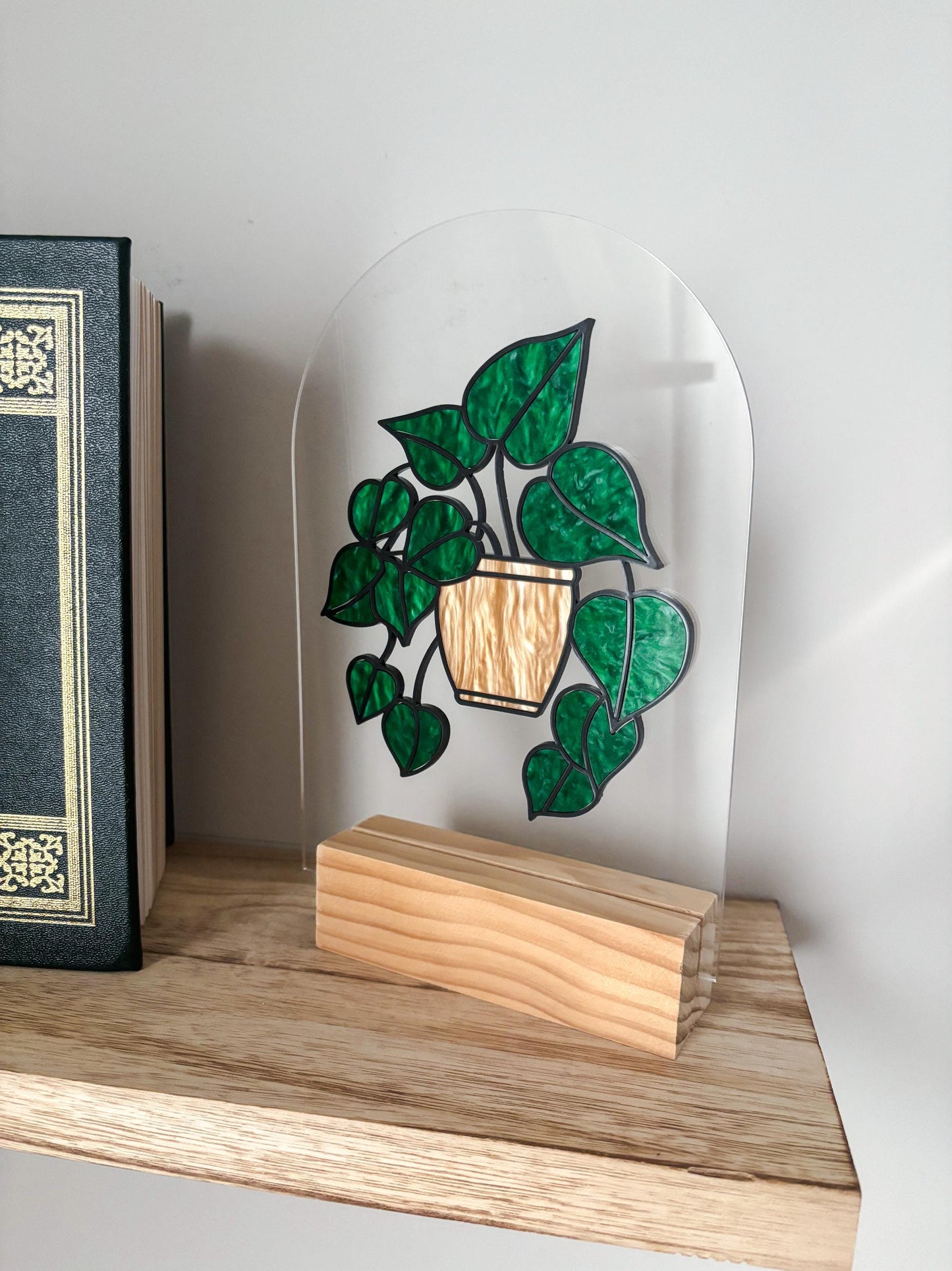 Pothos Plant Shelf Decor, Stained Glass Style Botanical Acrylic Sign, Plant Lover Gift, Greenery Shelf Decor, Cottagecore Home Decor