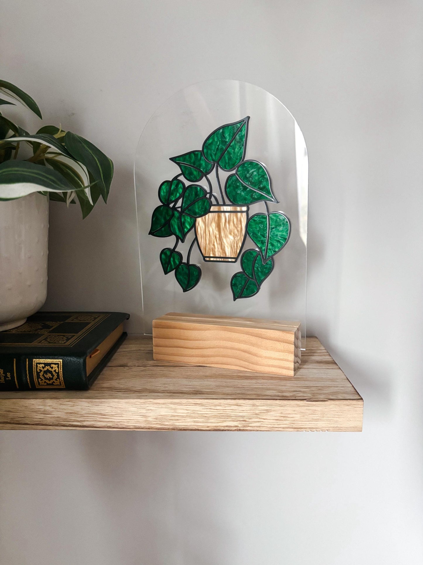 Pothos Plant Shelf Decor, Stained Glass Style Botanical Acrylic Sign, Plant Lover Gift, Greenery Shelf Decor, Cottagecore Home Decor