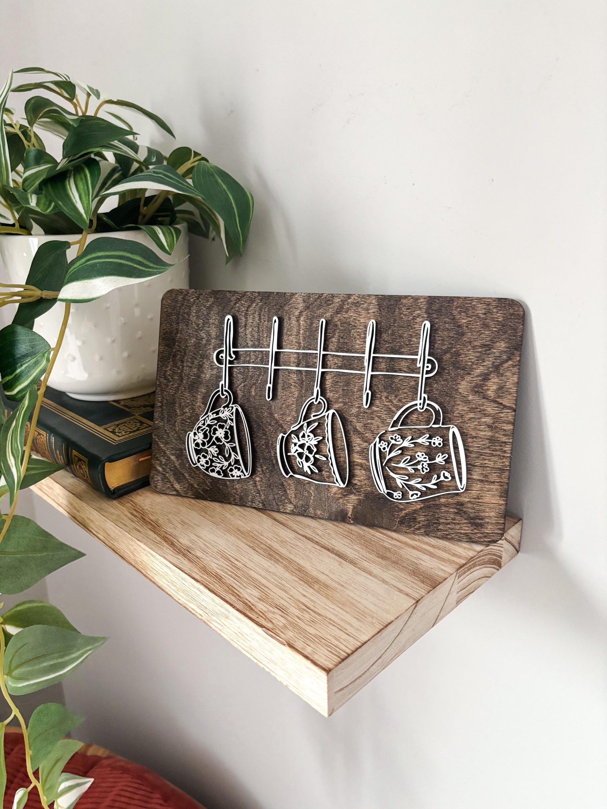 Hanging Mugs Coffee Bar Decor, Wood Coffee Lover Gift, Minimalist Kitchen Decor, Coffee Station Decor, Modern Coffee Wall Art