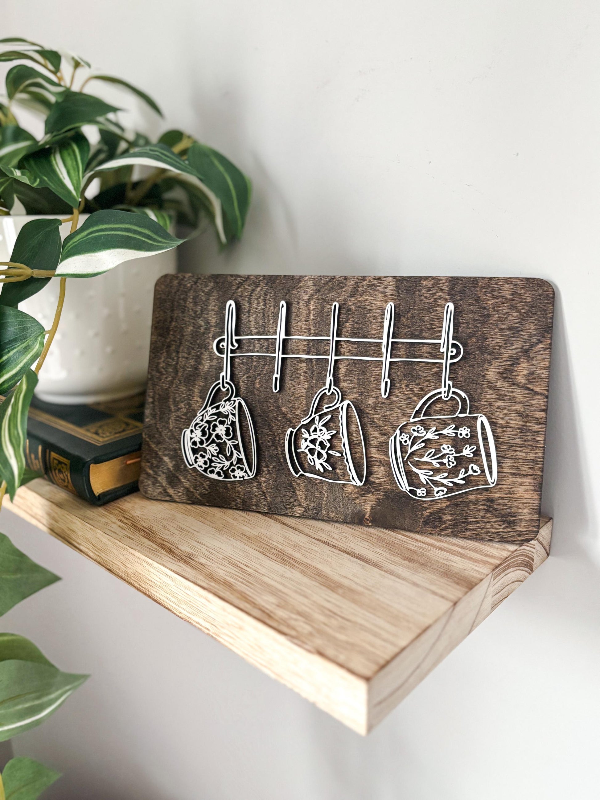 Hanging Mugs Coffee Bar Decor, Wood Coffee Lover Gift, Minimalist Kitchen Decor, Coffee Station Decor, Modern Coffee Wall Art