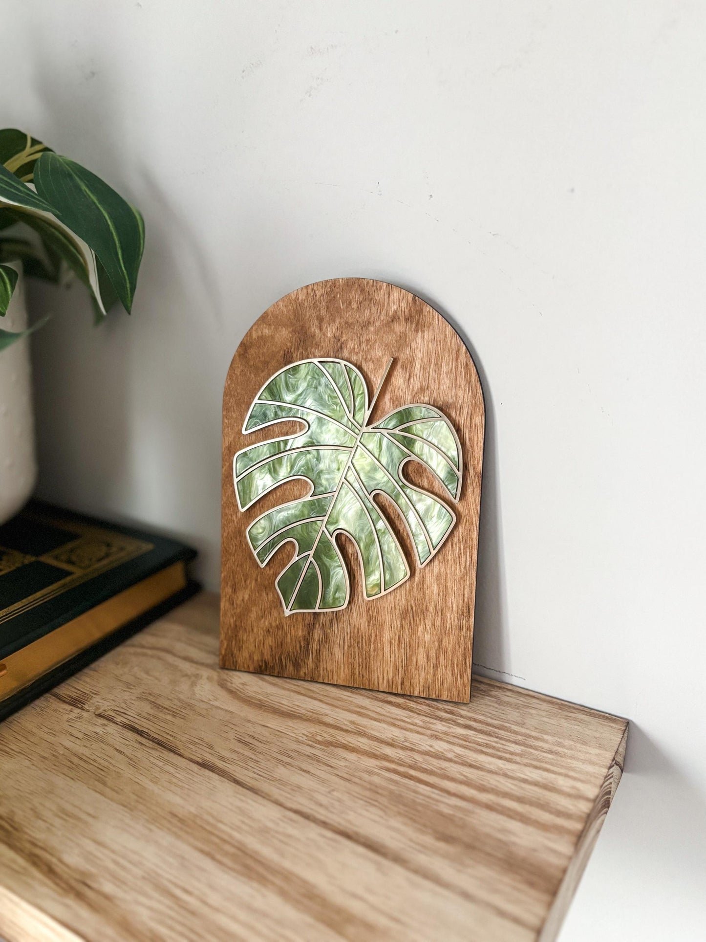 Monstera Mini Plant Shelf Decor, Stained Glass Style Botanical Acrylic Sign, Plant Lover Gift, Greenery Shelf Decor, Cottagecore Home Decor