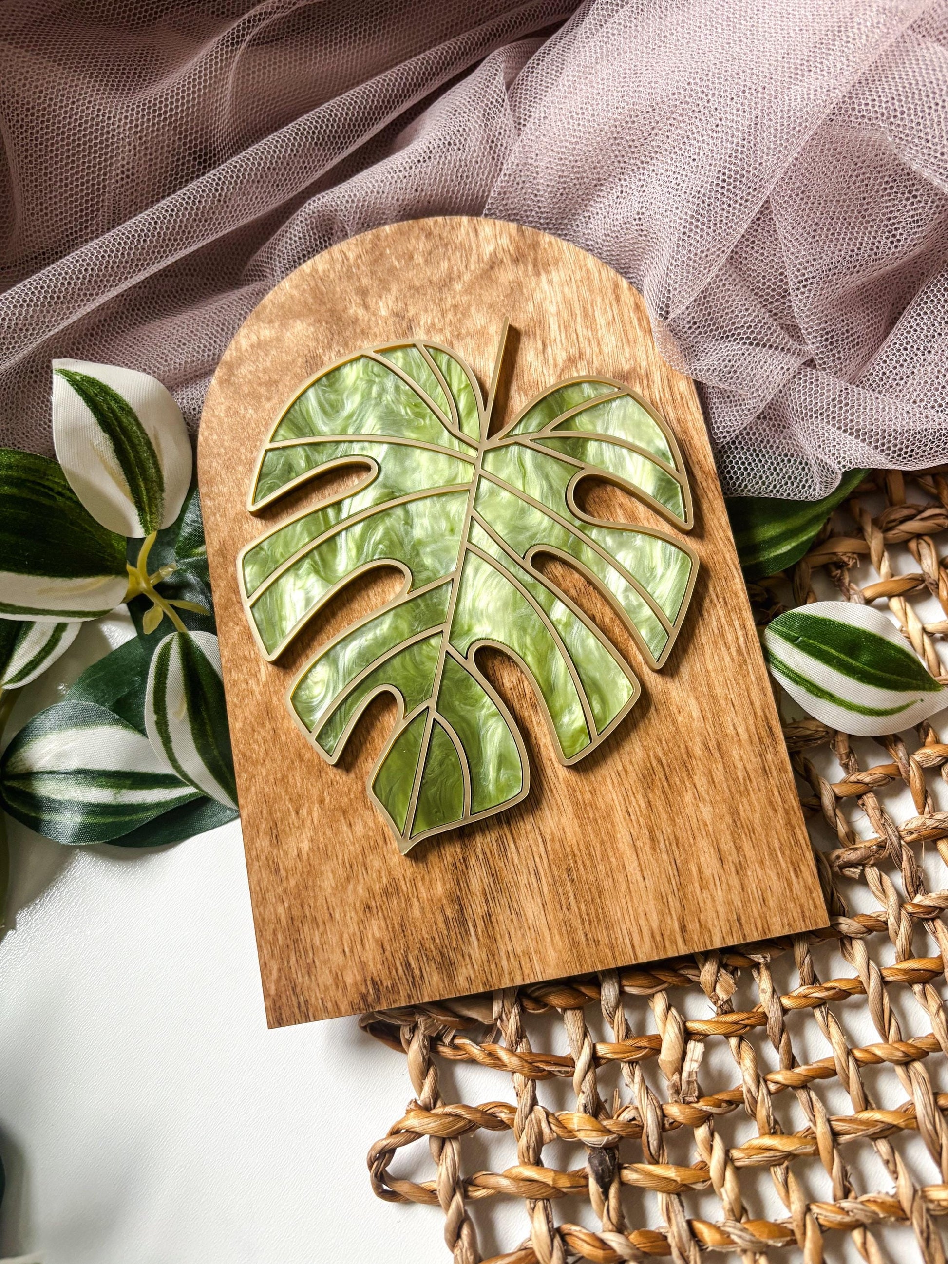 Monstera Mini Plant Shelf Decor, Stained Glass Style Botanical Acrylic Sign, Plant Lover Gift, Greenery Shelf Decor, Cottagecore Home Decor