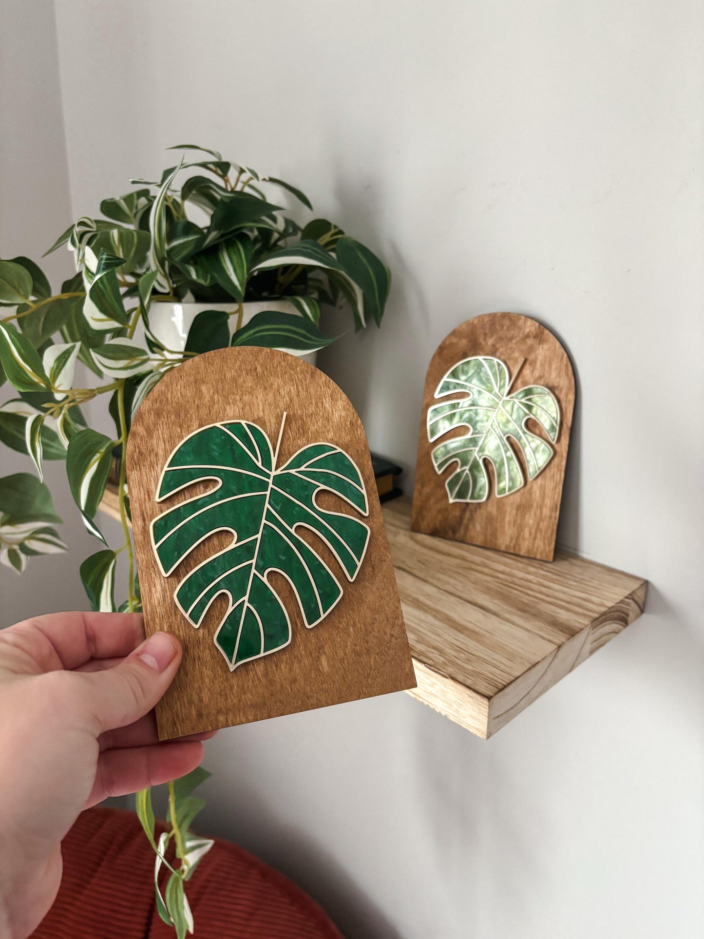 Monstera Mini Plant Shelf Decor, Stained Glass Style Botanical Acrylic Sign, Plant Lover Gift, Greenery Shelf Decor, Cottagecore Home Decor