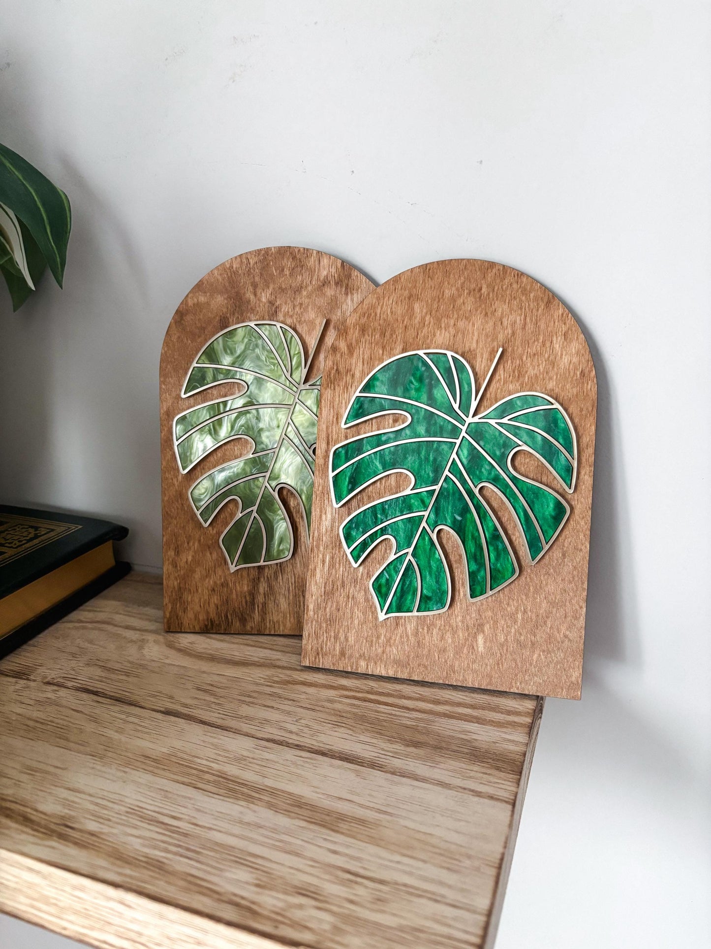 Monstera Mini Plant Shelf Decor, Stained Glass Style Botanical Acrylic Sign, Plant Lover Gift, Greenery Shelf Decor, Cottagecore Home Decor
