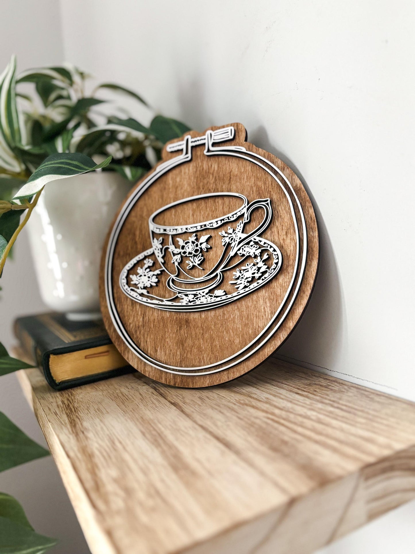 Floral Teacup Embroidery Hoop Wall Decor, Layered Laser Cut Wood Tea Lover Gift, Cottagecore Kitchen Decor, Vintage Tea Cup Wall Art