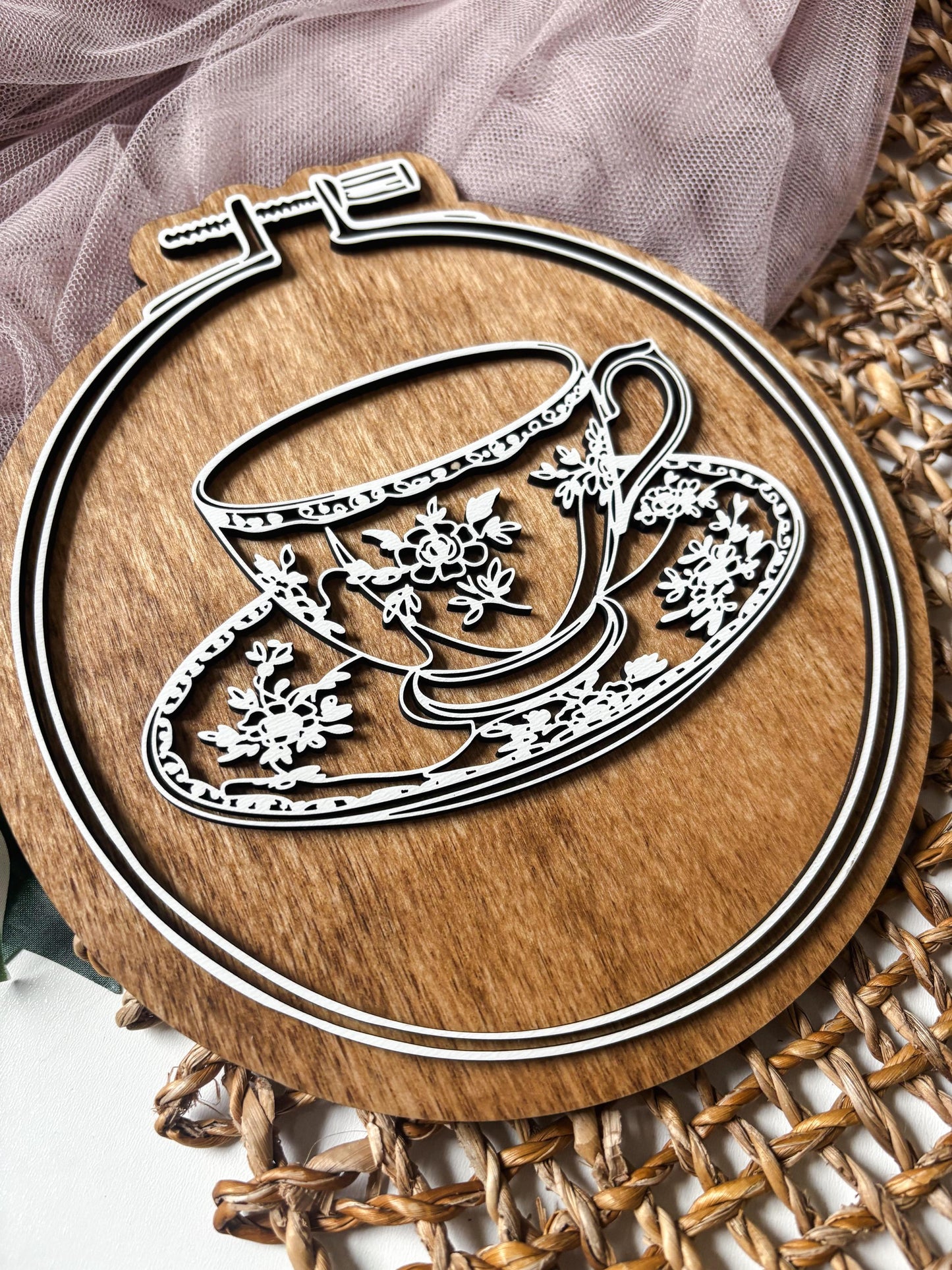 Floral Teacup Embroidery Hoop Wall Decor, Layered Laser Cut Wood Tea Lover Gift, Cottagecore Kitchen Decor, Vintage Tea Cup Wall Art