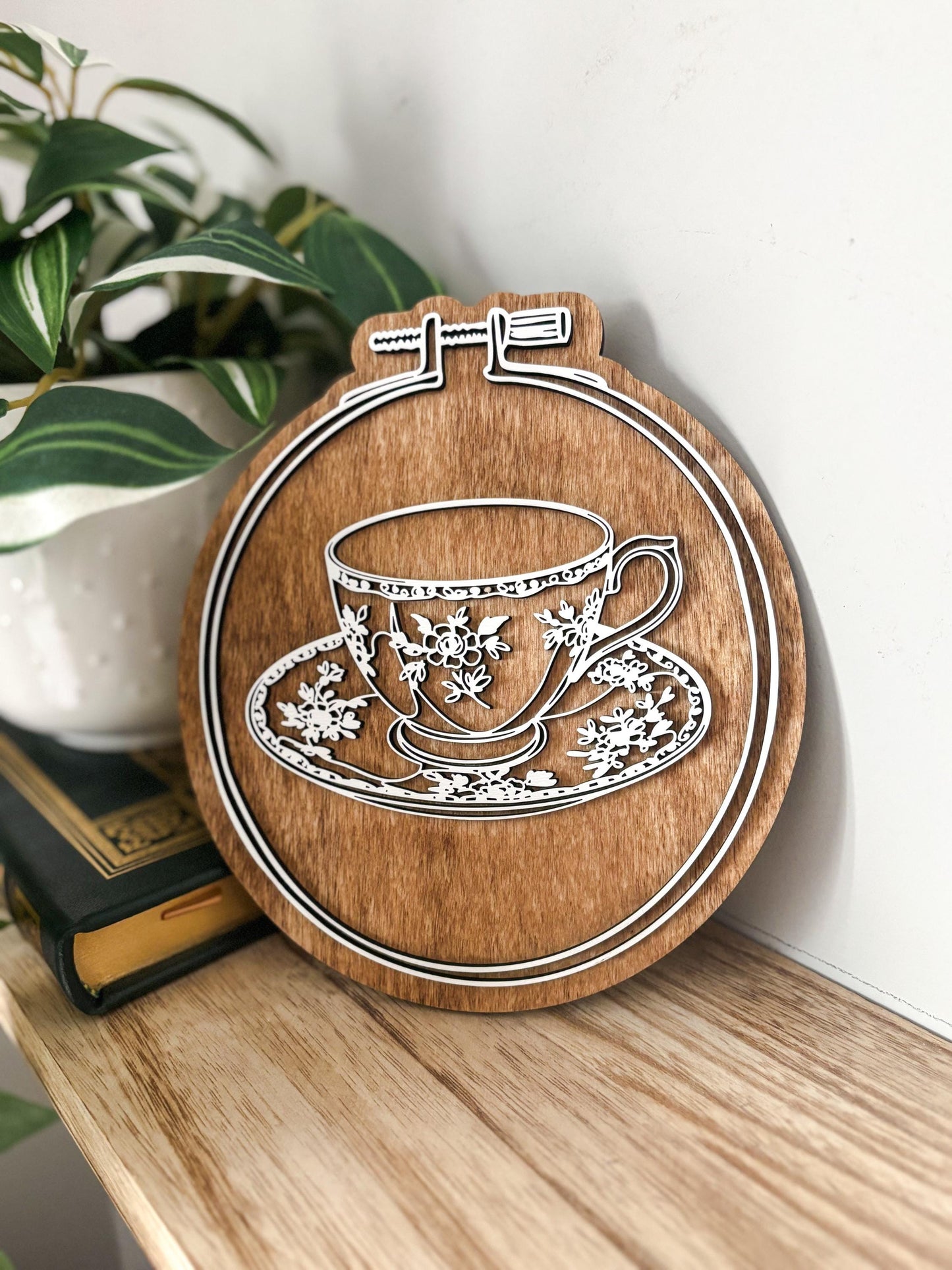 Floral Teacup Embroidery Hoop Wall Decor, Layered Laser Cut Wood Tea Lover Gift, Cottagecore Kitchen Decor, Vintage Tea Cup Wall Art