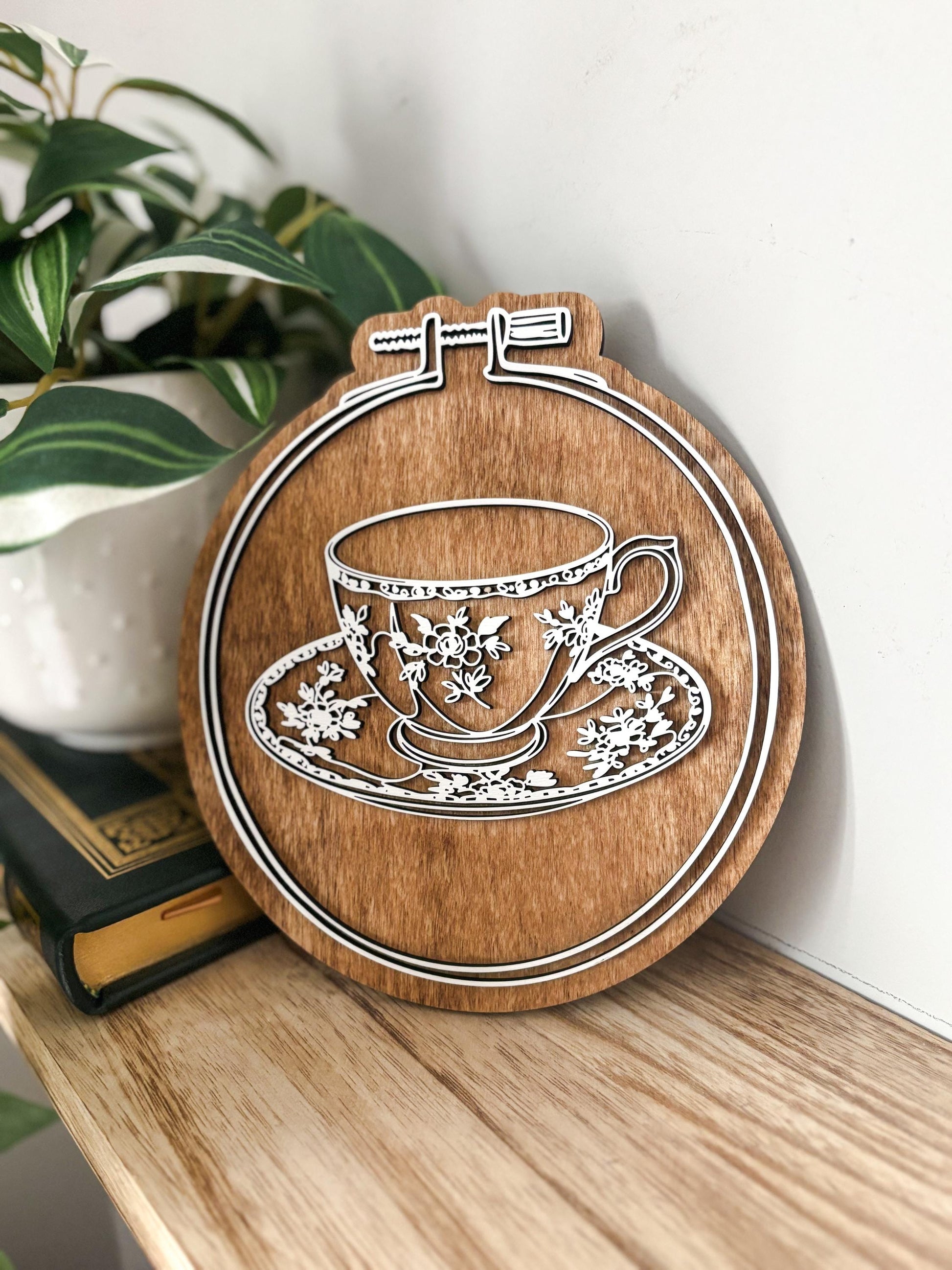Floral Teacup Embroidery Hoop Wall Decor, Layered Laser Cut Wood Tea Lover Gift, Cottagecore Kitchen Decor, Vintage Tea Cup Wall Art