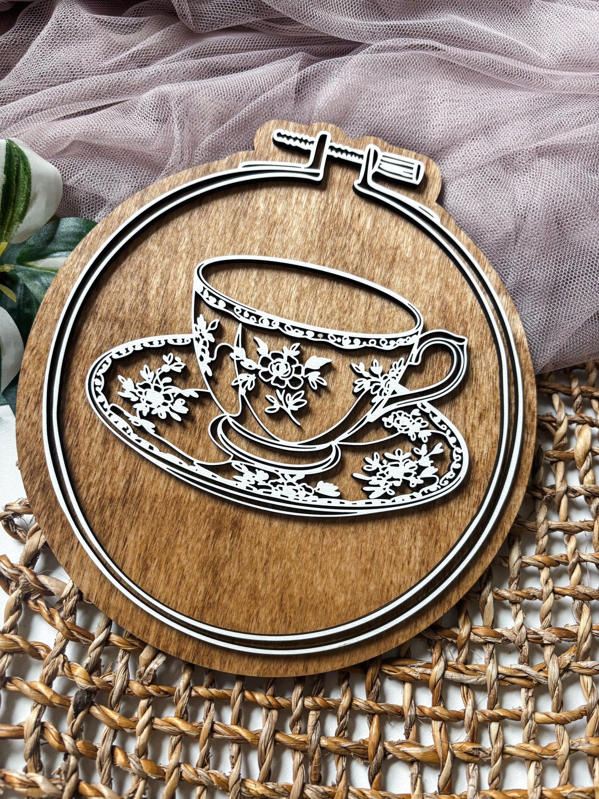 Floral Teacup Embroidery Hoop Wall Decor, Layered Laser Cut Wood Tea Lover Gift, Cottagecore Kitchen Decor, Vintage Tea Cup Wall Art