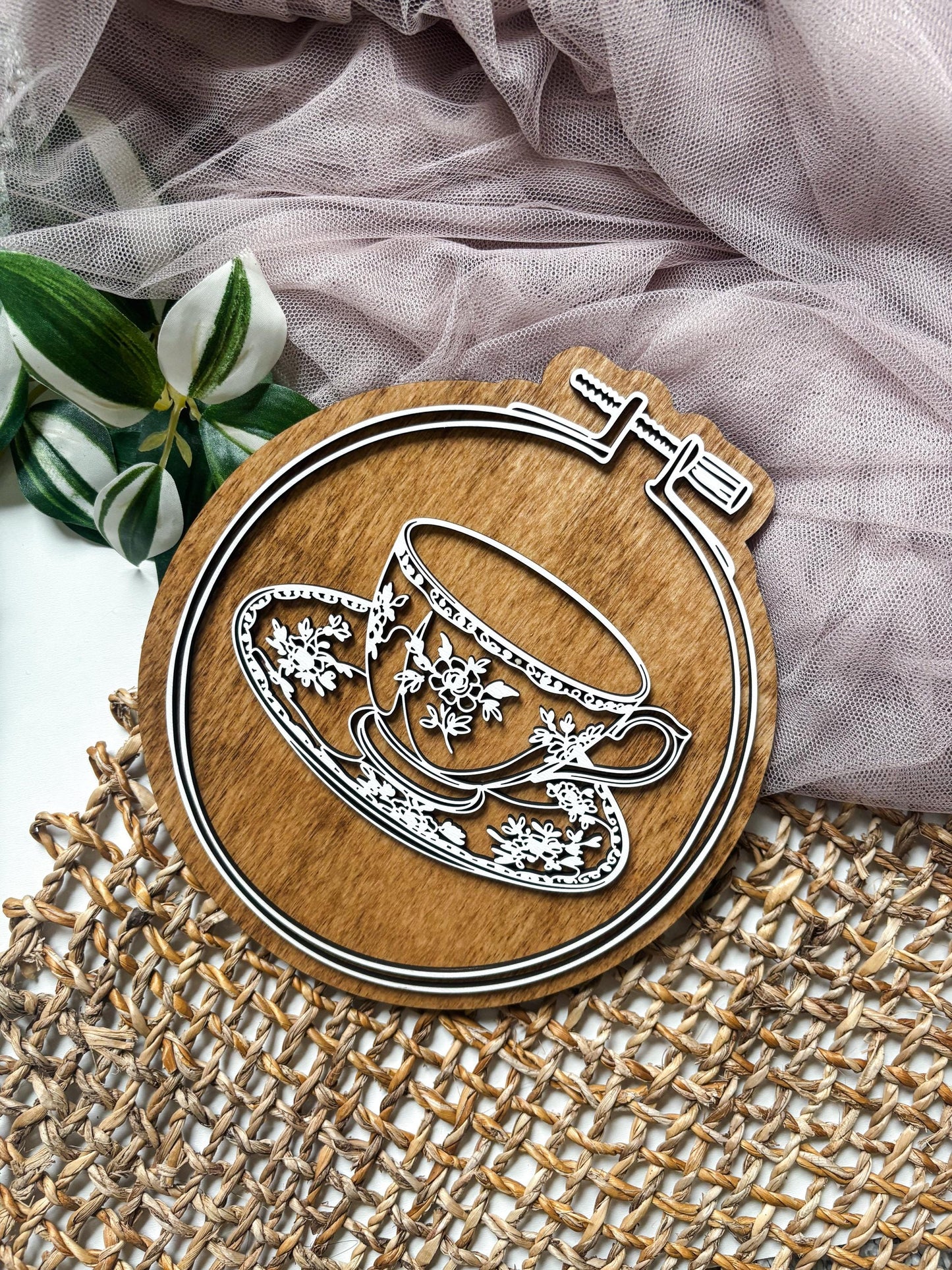 Floral Teacup Embroidery Hoop Wall Decor, Layered Laser Cut Wood Tea Lover Gift, Cottagecore Kitchen Decor, Vintage Tea Cup Wall Art