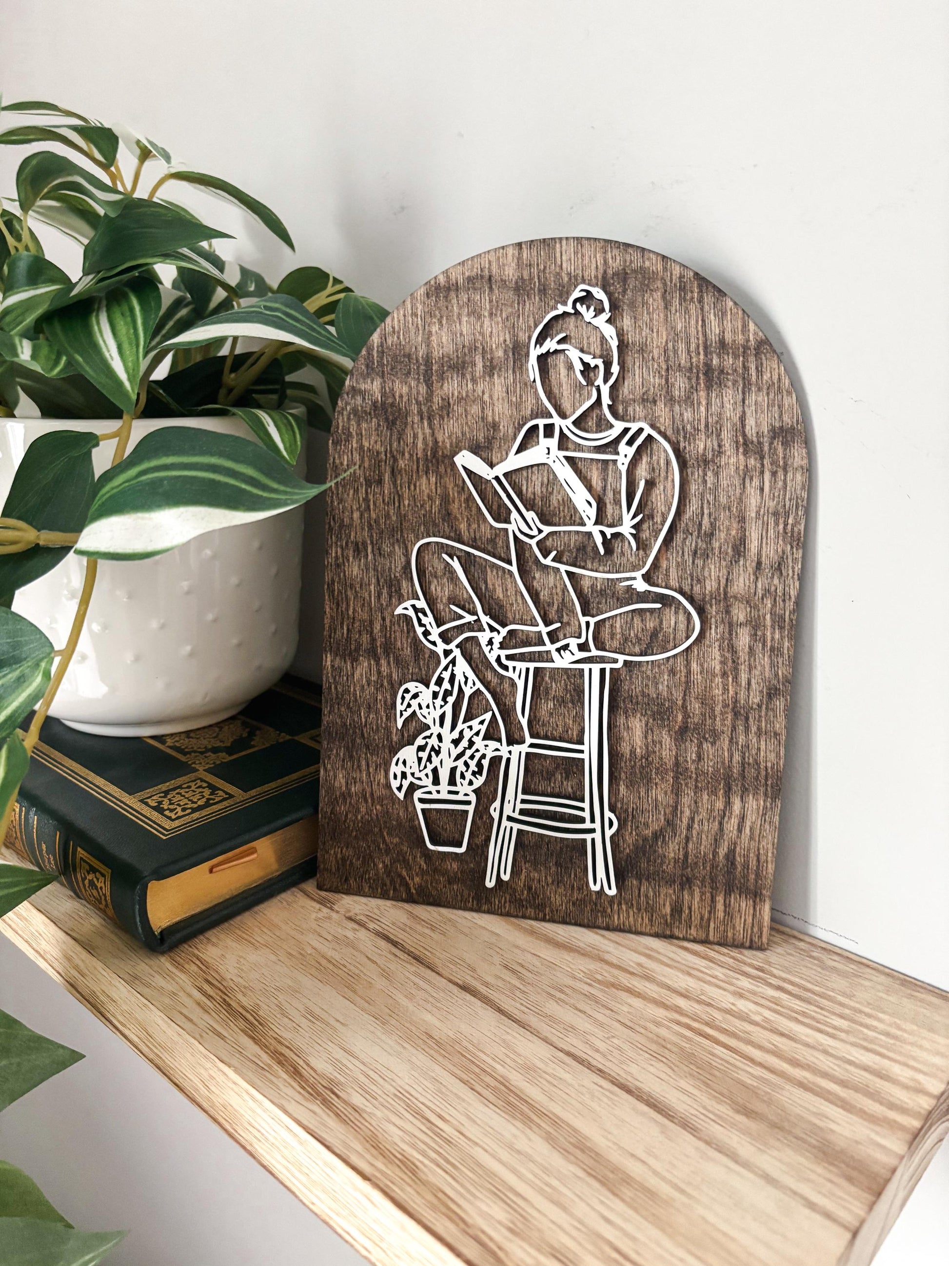 Reading Girl Wall Art, Book Lover Decor, Cozy Reading Nook Decor, Bookish Wall Art, Reader Gift, Cottagecore Line Art, Plant Lover Art