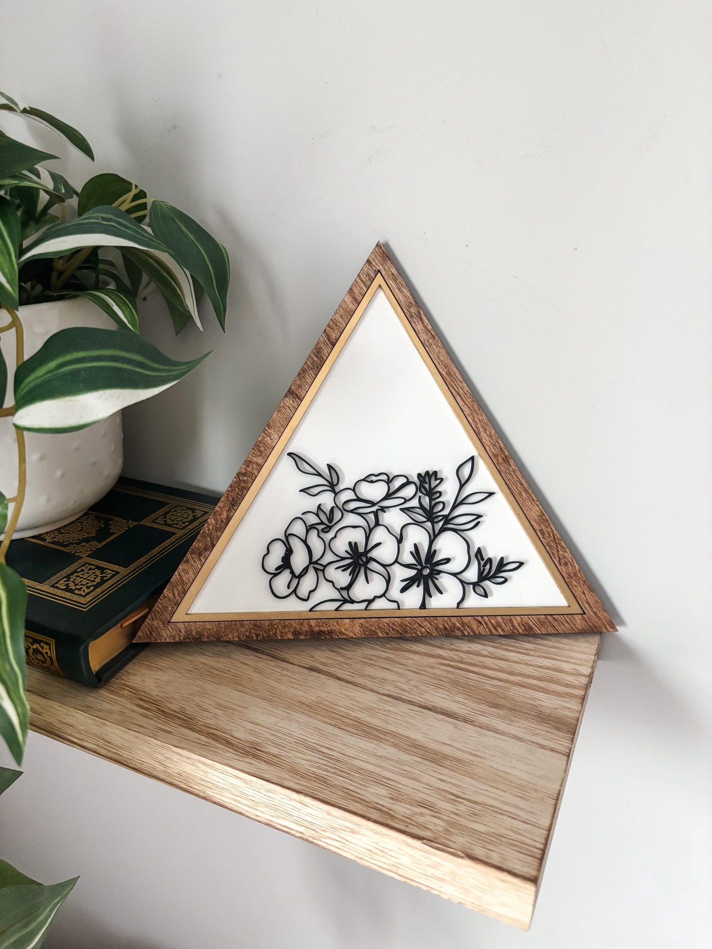 Triangle Floral Wall Art, Geometric Wood Flower Wall Decor, Botanical Line Art Sign, Modern Minimalistic Wall Decor, Floral Home Decor
