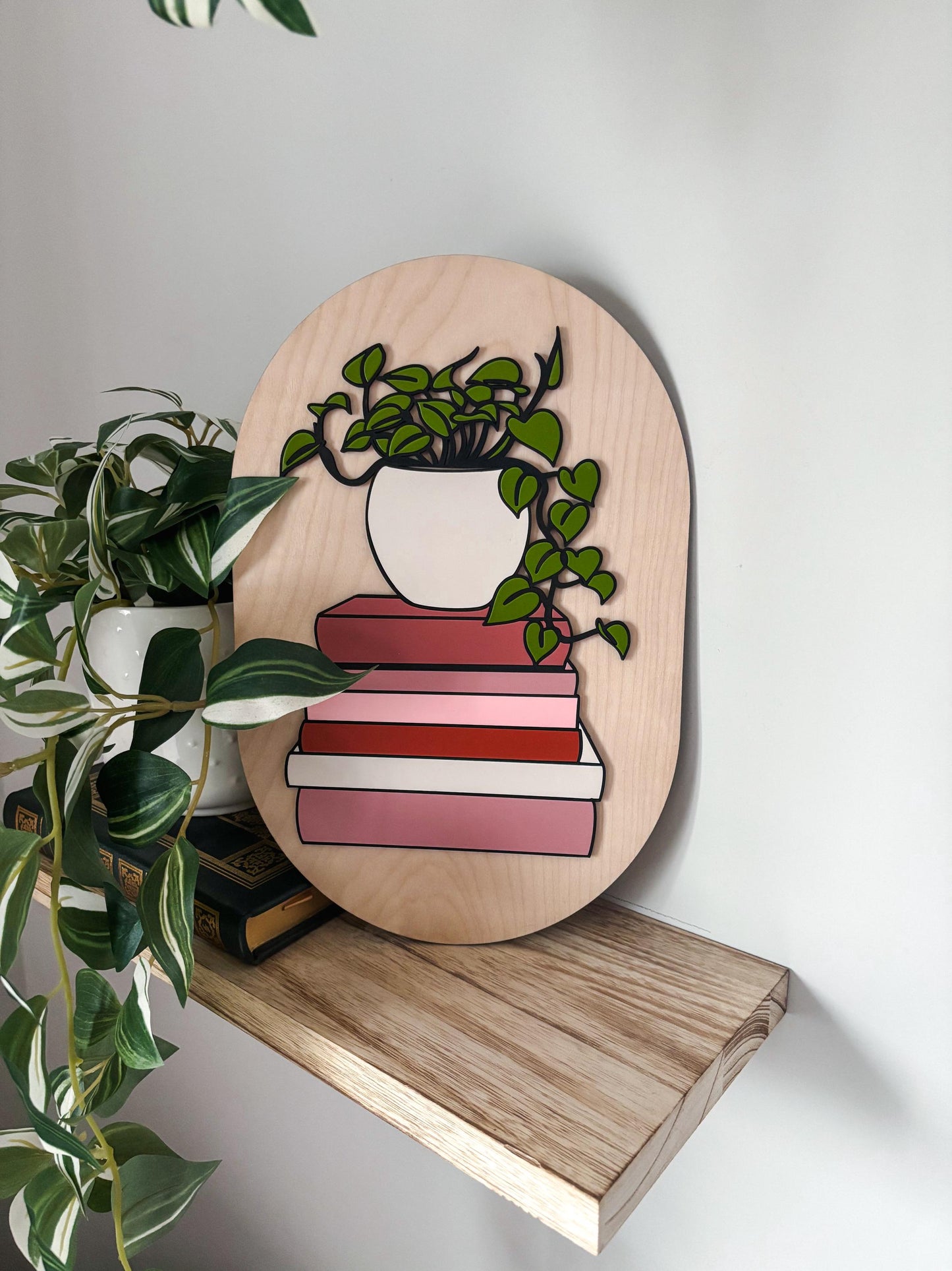 Book Stack Wall Art with Plant, Book Lover Gift, Reader Decor, Literary Wall Art, Bookish Decor, Plant Lover Gift, Cozy Home Decor