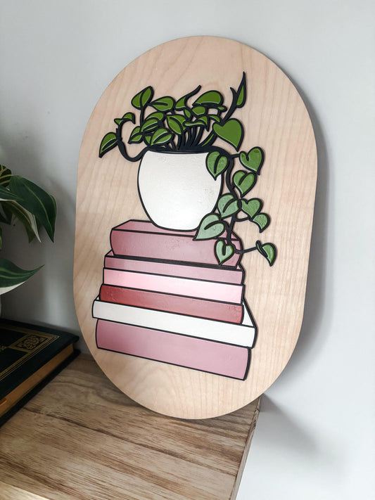 Book Stack Wall Art with Plant, Book Lover Gift, Reader Decor, Literary Wall Art, Bookish Decor, Plant Lover Gift, Cozy Home Decor