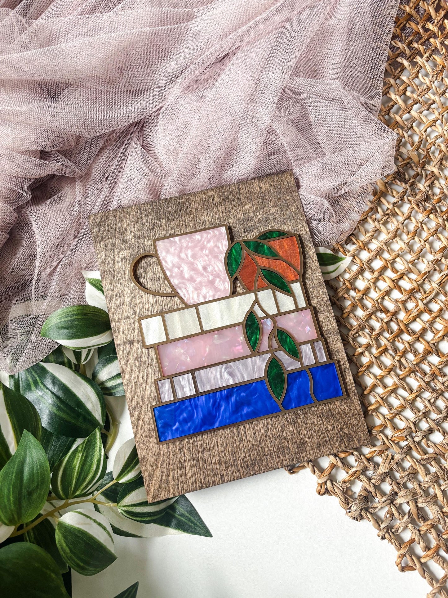 Book Stack Wall Art with Coffee & Plant, Faux Stained Glass Coffee Decor, Book Lover Gift, Reading Nook Wall Art, Cozy Coffee Lover Art