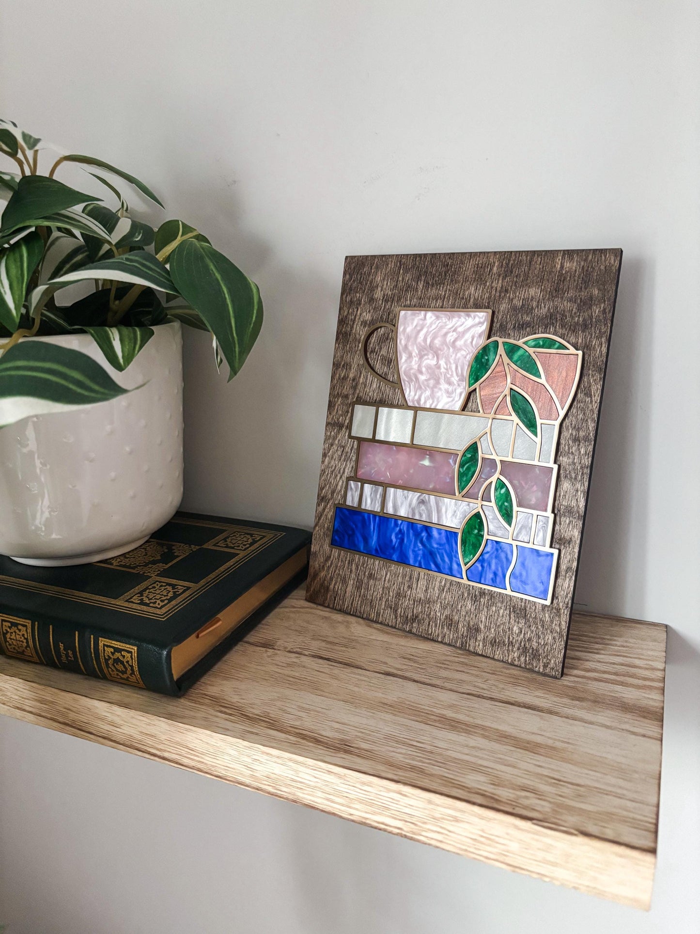 Book Stack Wall Art with Coffee & Plant, Faux Stained Glass Coffee Decor, Book Lover Gift, Reading Nook Wall Art, Cozy Coffee Lover Art