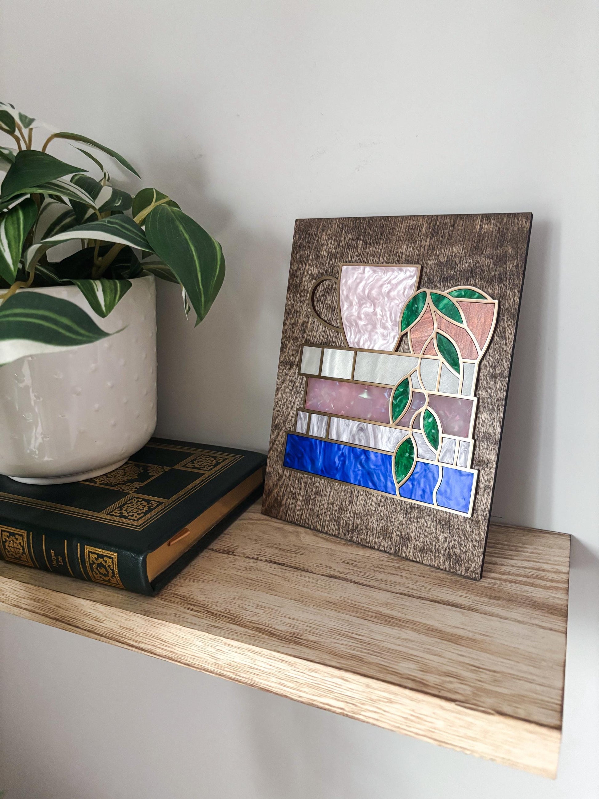 Book Stack Wall Art with Coffee & Plant, Faux Stained Glass Coffee Decor, Book Lover Gift, Reading Nook Wall Art, Cozy Coffee Lover Art