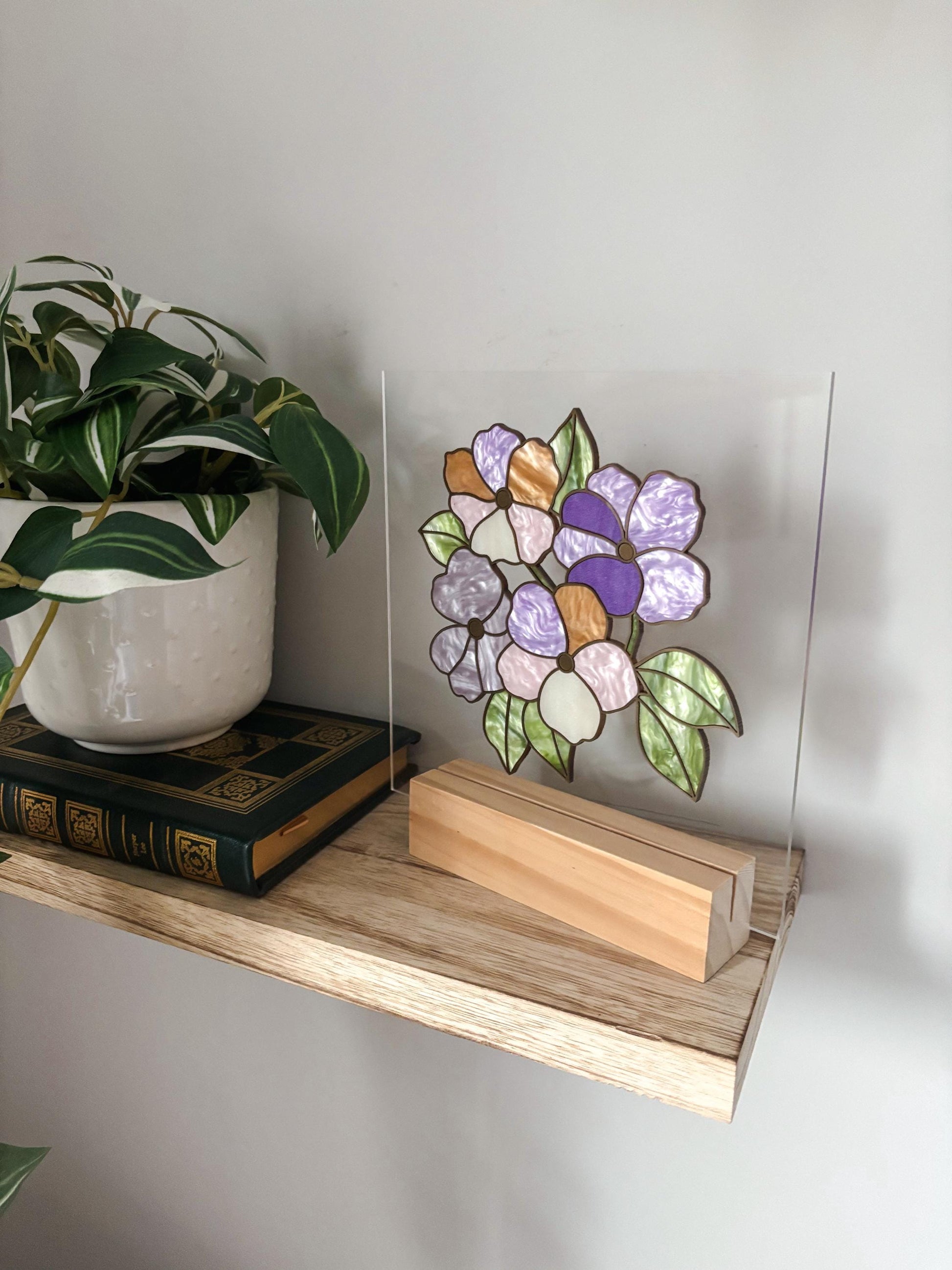 Pastel Floral Acrylic Desk Decor, Stained Glass Style Flower Art, Botanical Bookshelf Decor with Stand, Cottagecore Gift for Flower Lovers