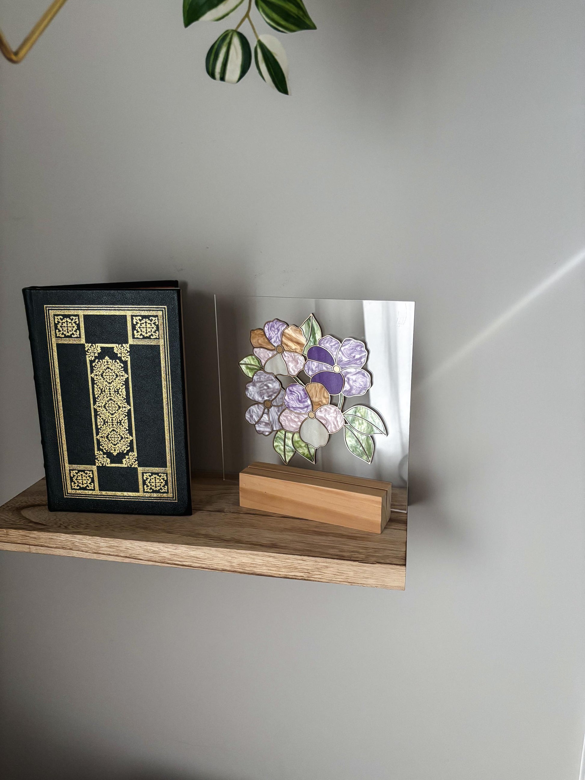 Pastel Floral Acrylic Desk Decor, Stained Glass Style Flower Art, Botanical Bookshelf Decor with Stand, Cottagecore Gift for Flower Lovers