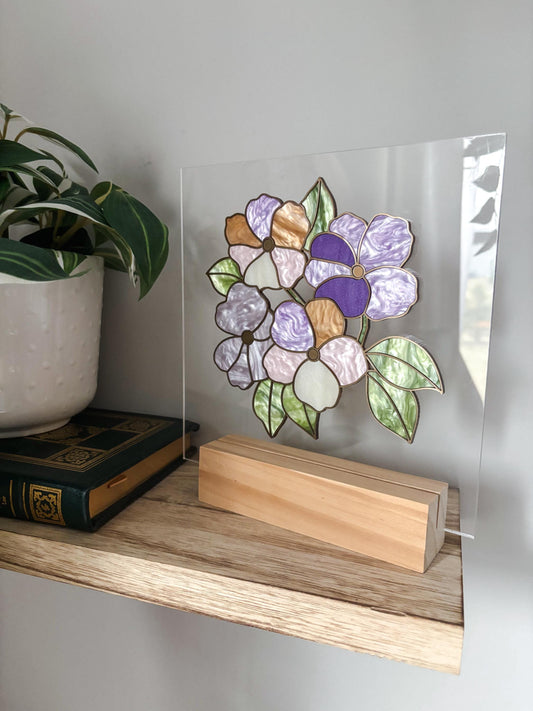 Pastel Floral Acrylic Desk Decor, Stained Glass Style Flower Art, Botanical Bookshelf Decor with Stand, Cottagecore Gift for Flower Lovers
