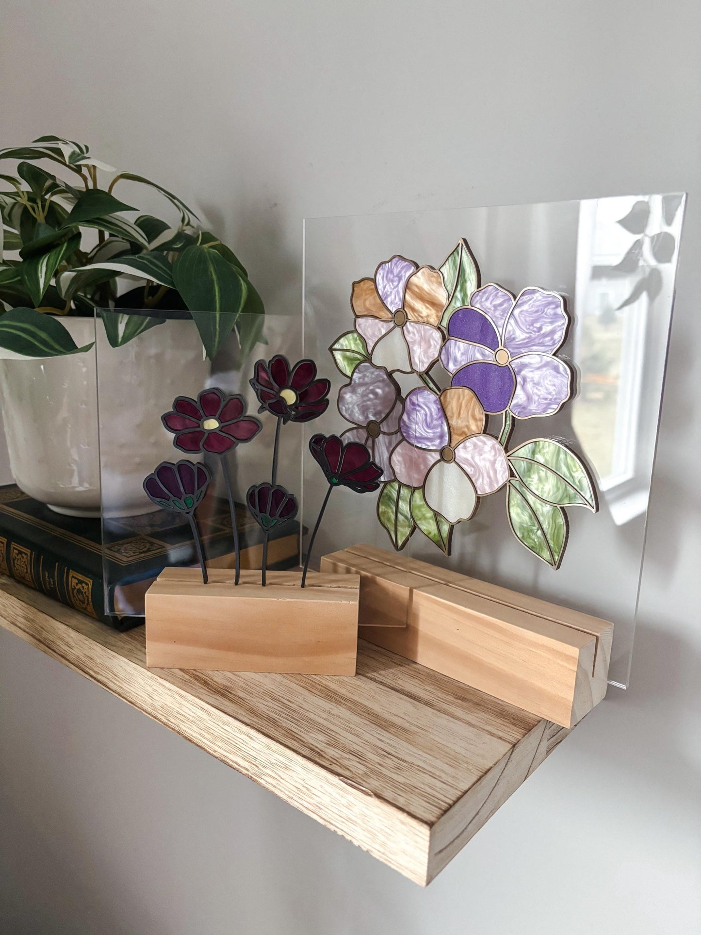 Pastel Floral Acrylic Desk Decor, Stained Glass Style Flower Art, Botanical Bookshelf Decor with Stand, Cottagecore Gift for Flower Lovers