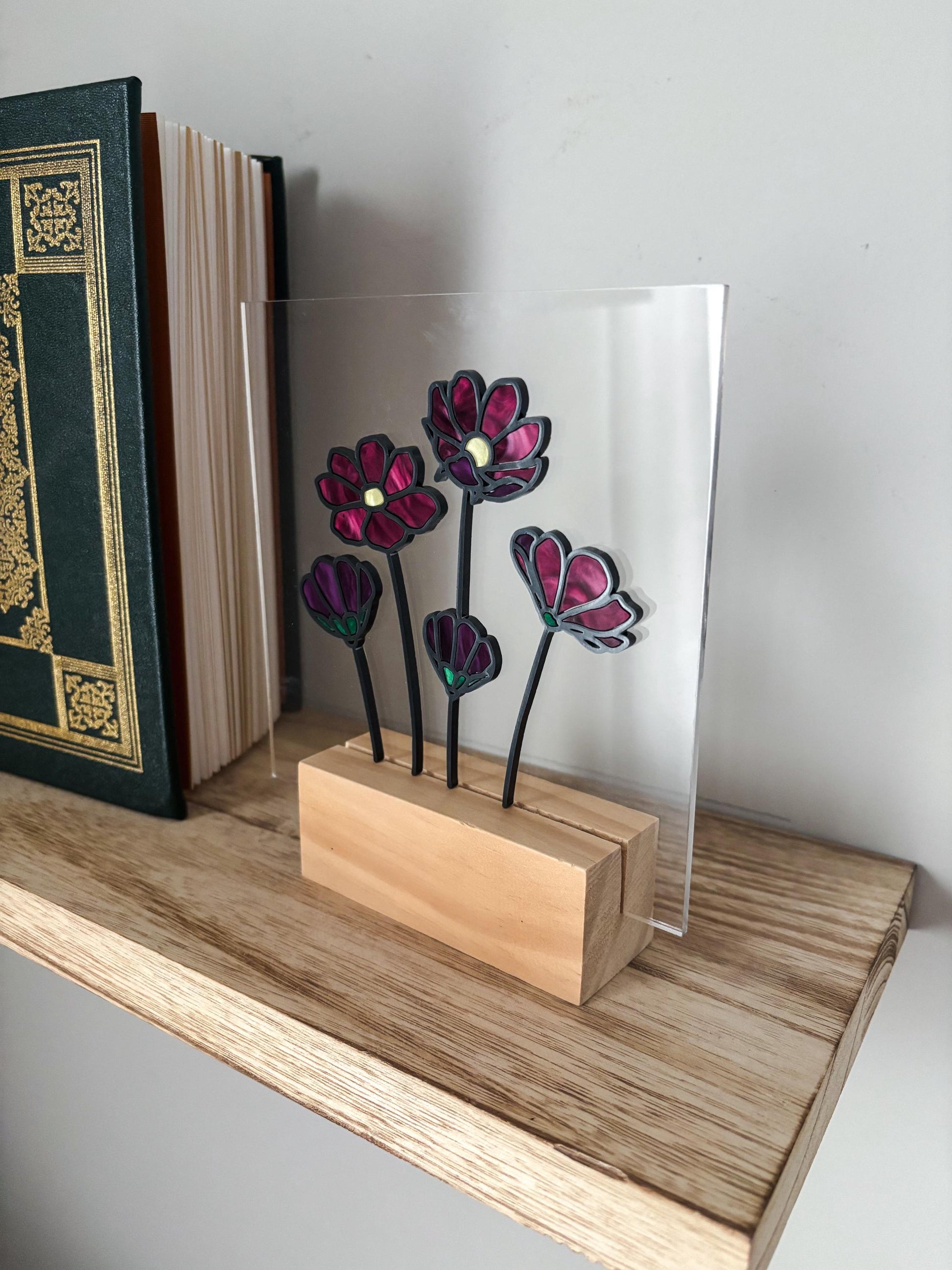 Floral Acrylic Shelf Decor, Purple Stained Glass Style Flower Art, Botanical Desk Decor with Stand, Cottagecore Gift for Flower Lovers