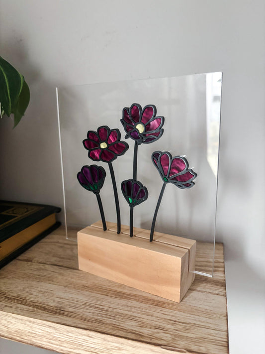 Floral Acrylic Shelf Decor, Purple Stained Glass Style Flower Art, Botanical Desk Decor with Stand, Cottagecore Gift for Flower Lovers