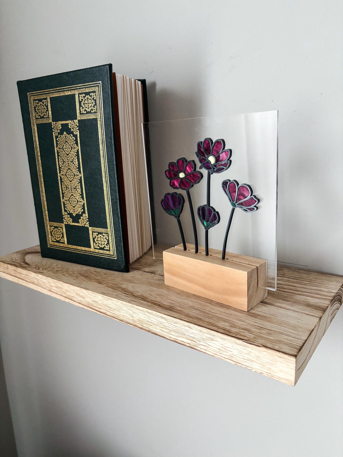 Floral Acrylic Shelf Decor, Purple Stained Glass Style Flower Art, Botanical Desk Decor with Stand, Cottagecore Gift for Flower Lovers