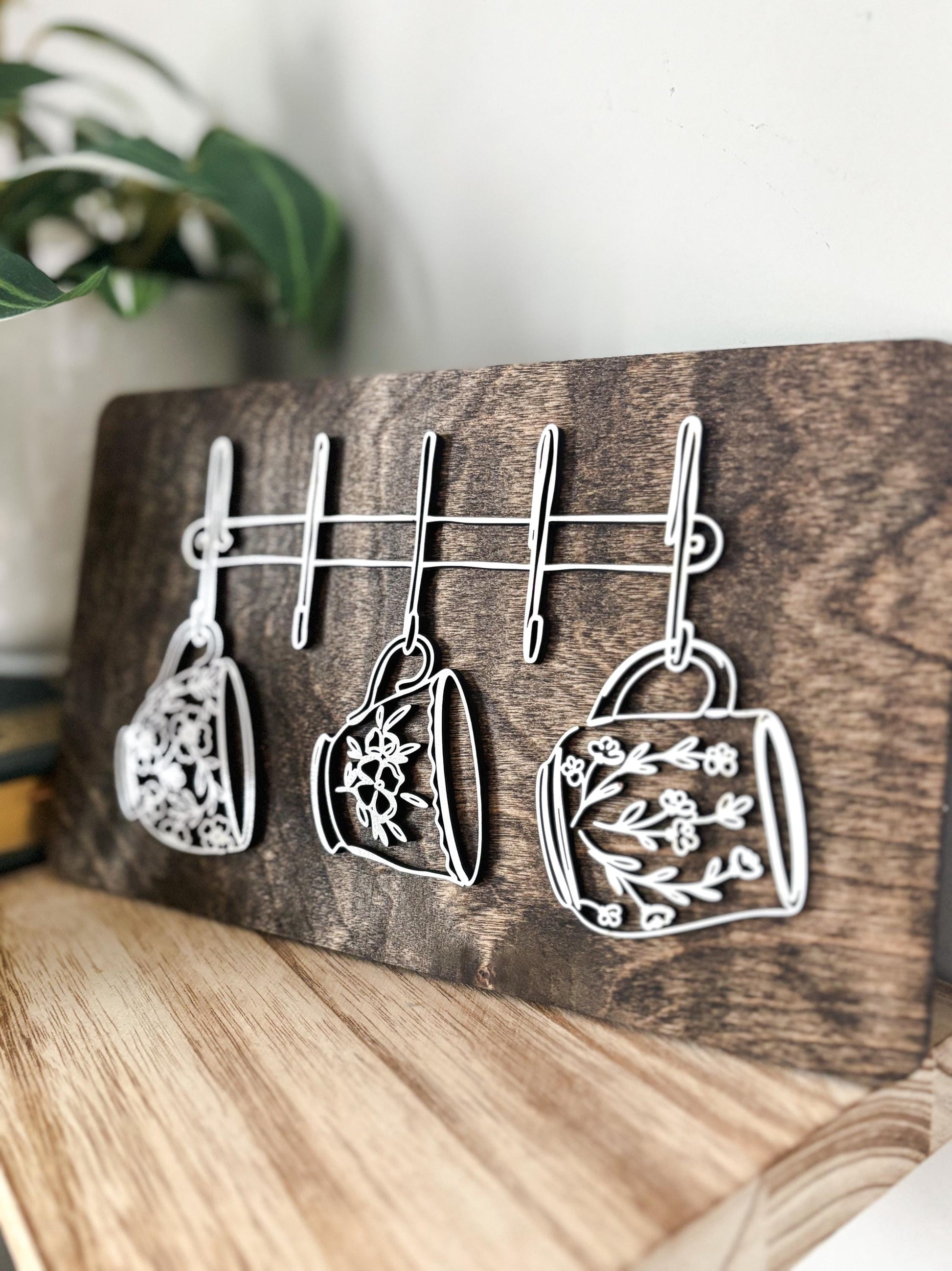 Hanging Mugs Coffee Bar Decor, Wood Coffee Lover Gift, Minimalist Kitchen Decor, Coffee Station Decor, Modern Coffee Wall Art