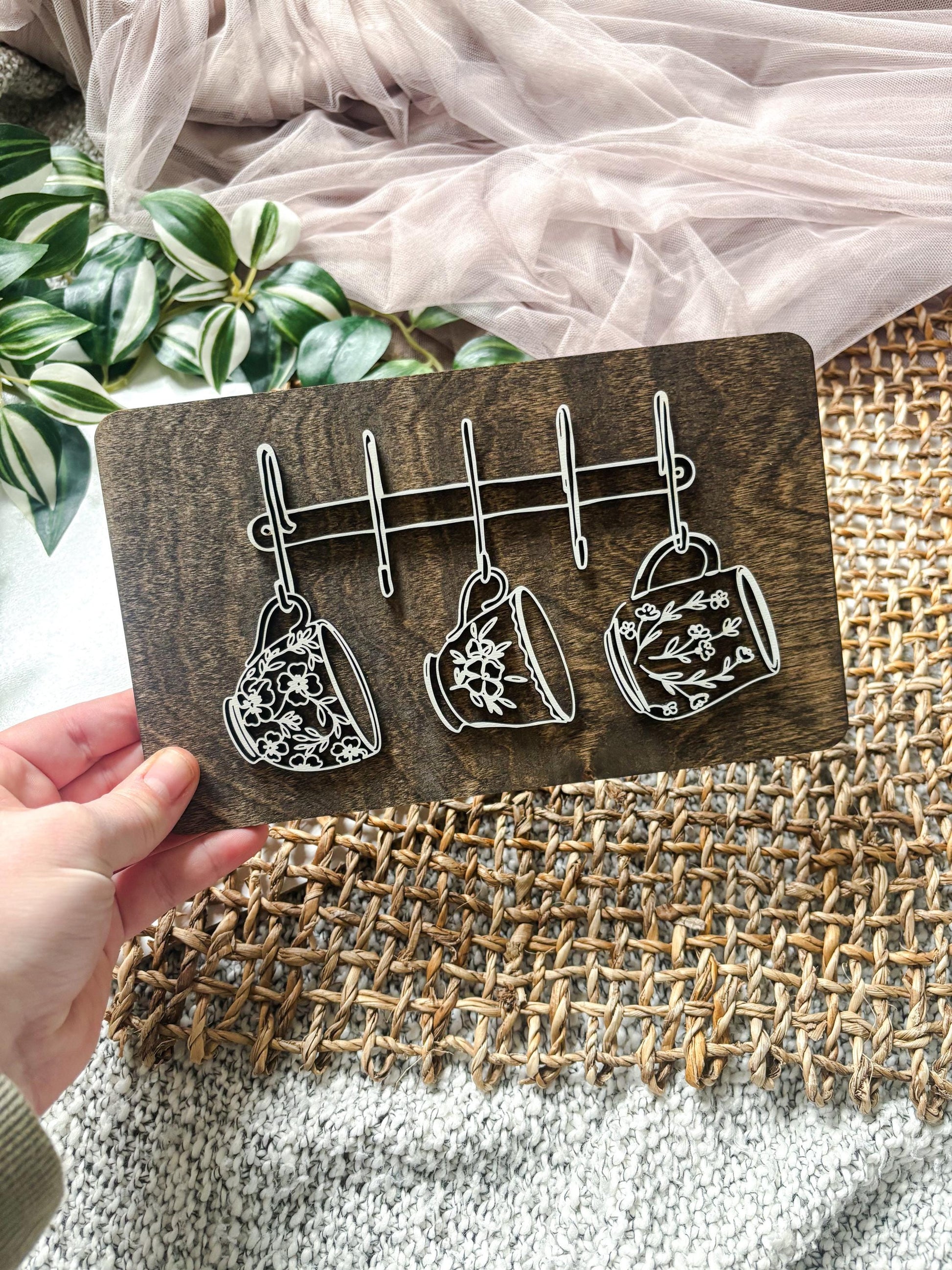 Hanging Mugs Coffee Bar Decor, Wood Coffee Lover Gift, Minimalist Kitchen Decor, Coffee Station Decor, Modern Coffee Wall Art