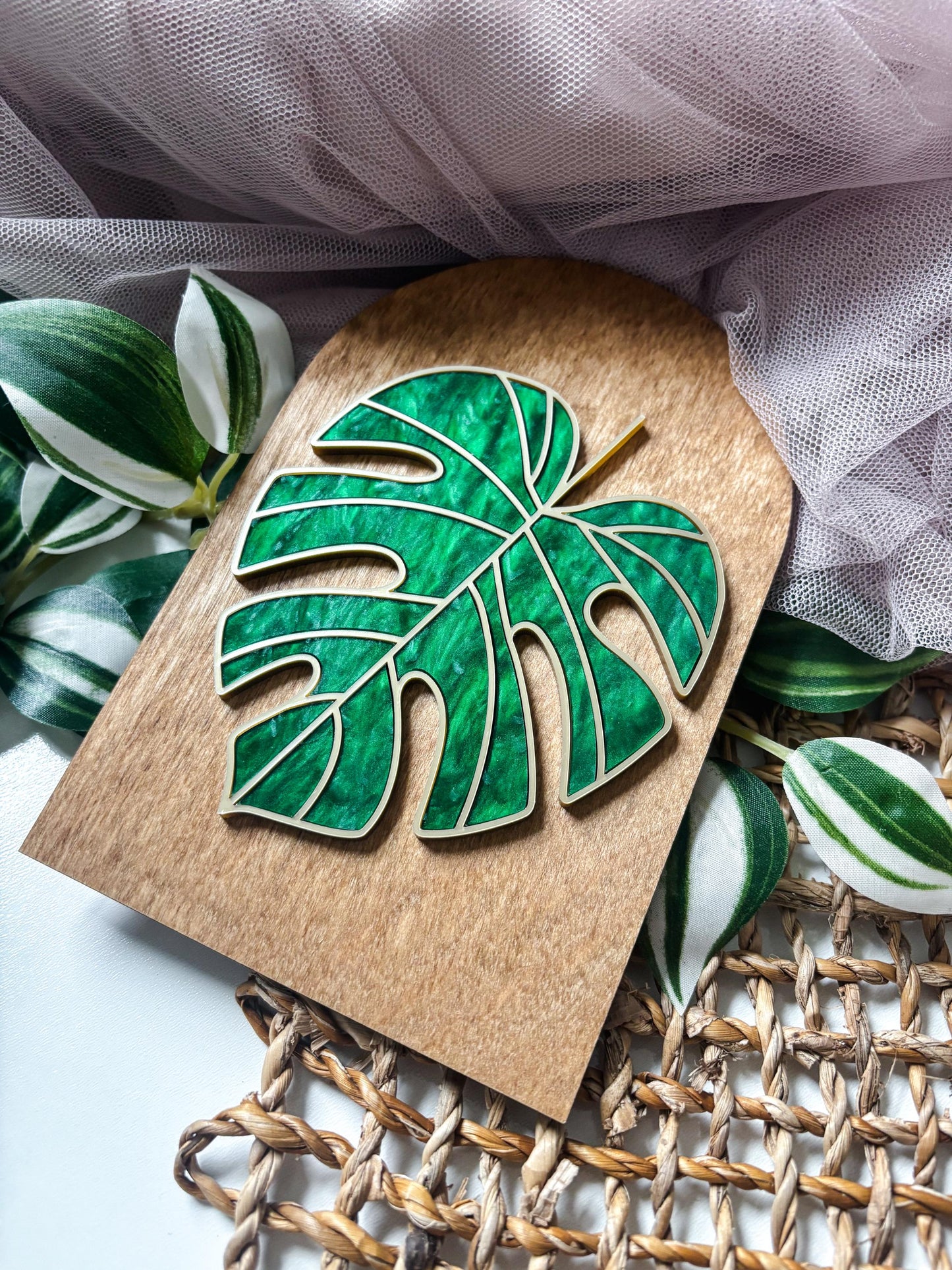 Monstera Mini Plant Shelf Decor, Stained Glass Style Botanical Acrylic Sign, Plant Lover Gift, Greenery Shelf Decor, Cottagecore Home Decor