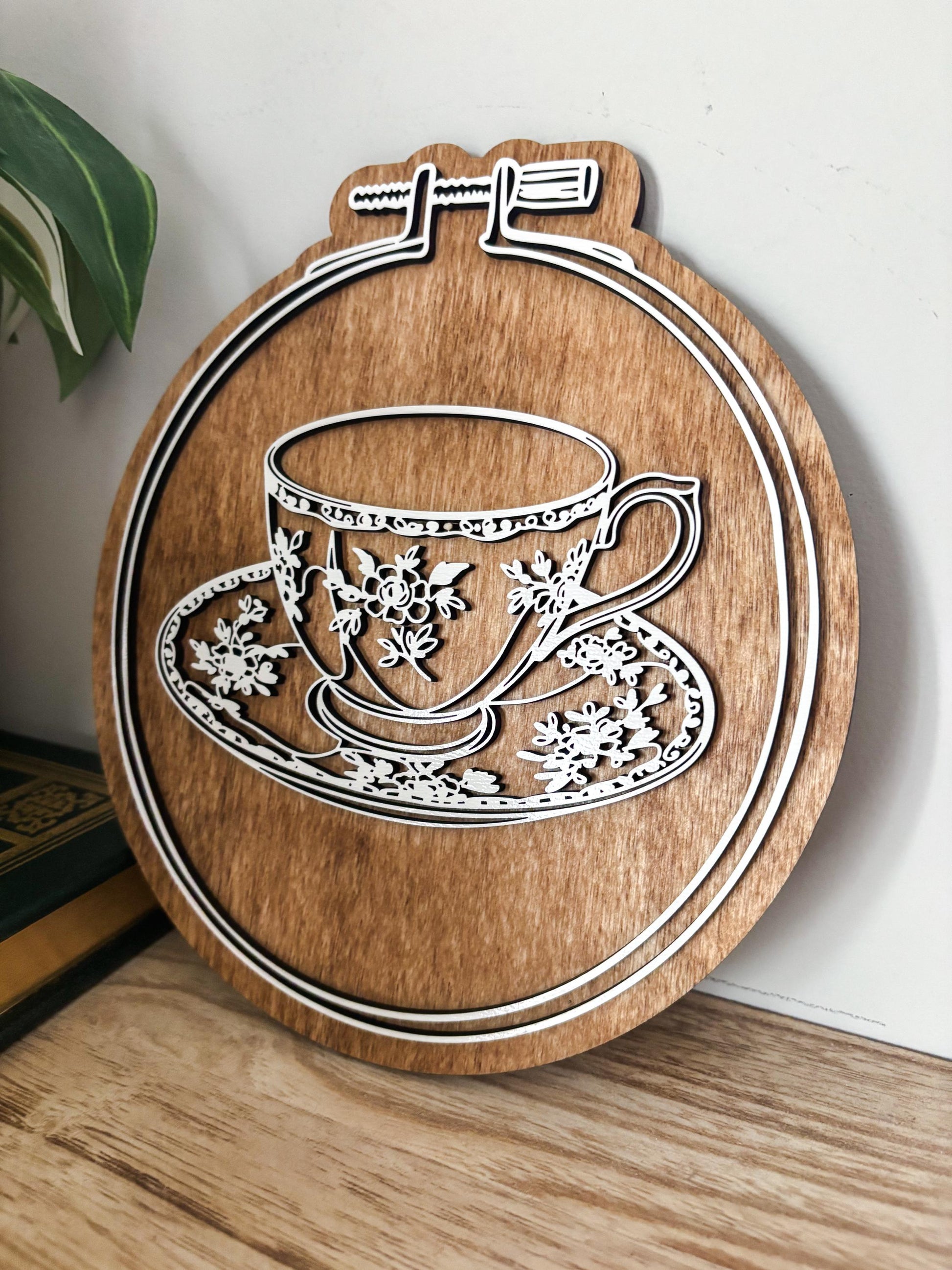 Floral Teacup Embroidery Hoop Wall Decor, Layered Laser Cut Wood Tea Lover Gift, Cottagecore Kitchen Decor, Vintage Tea Cup Wall Art