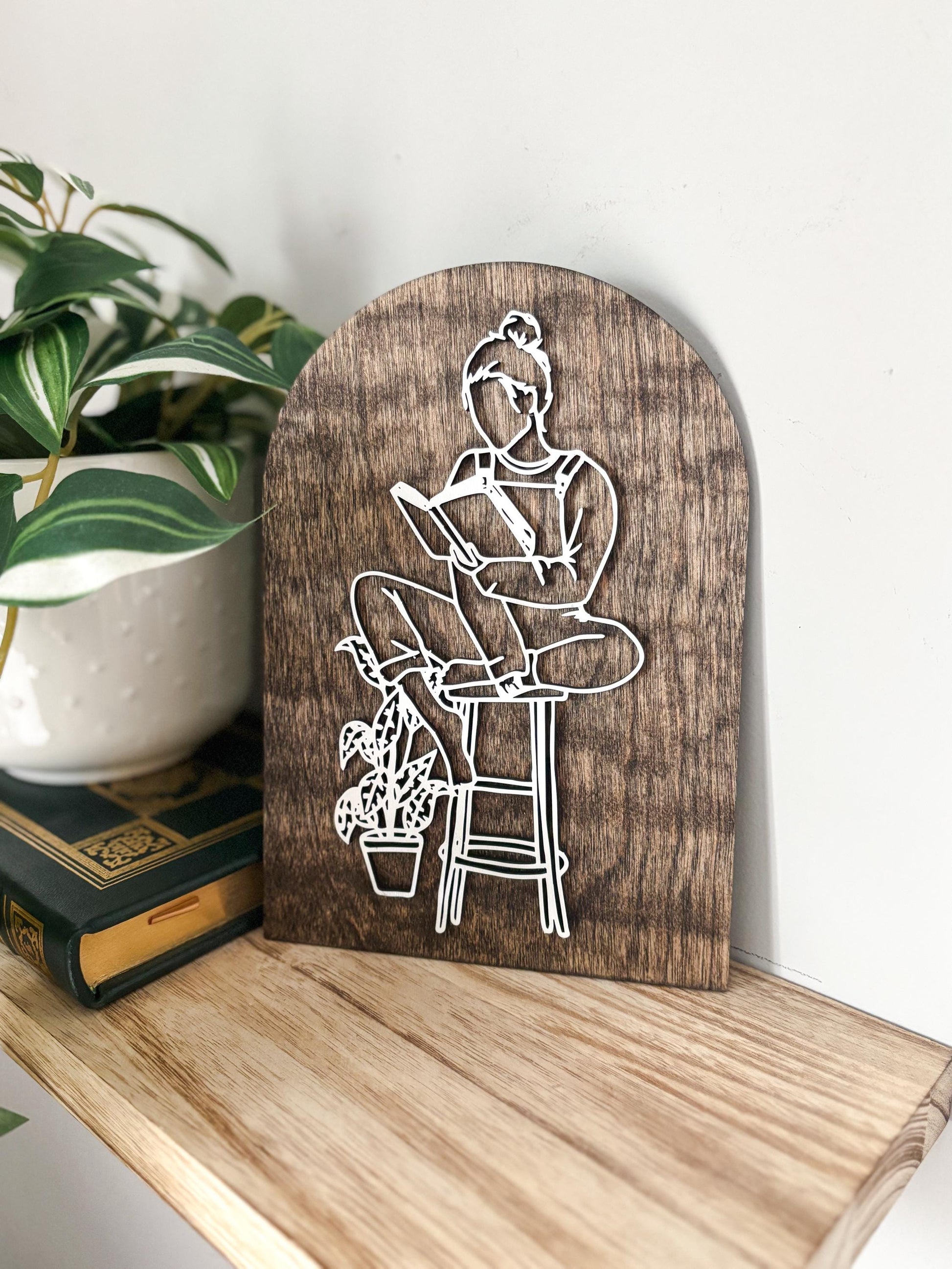 Reading Girl Wall Art, Book Lover Decor, Cozy Reading Nook Decor, Bookish Wall Art, Reader Gift, Cottagecore Line Art, Plant Lover Art