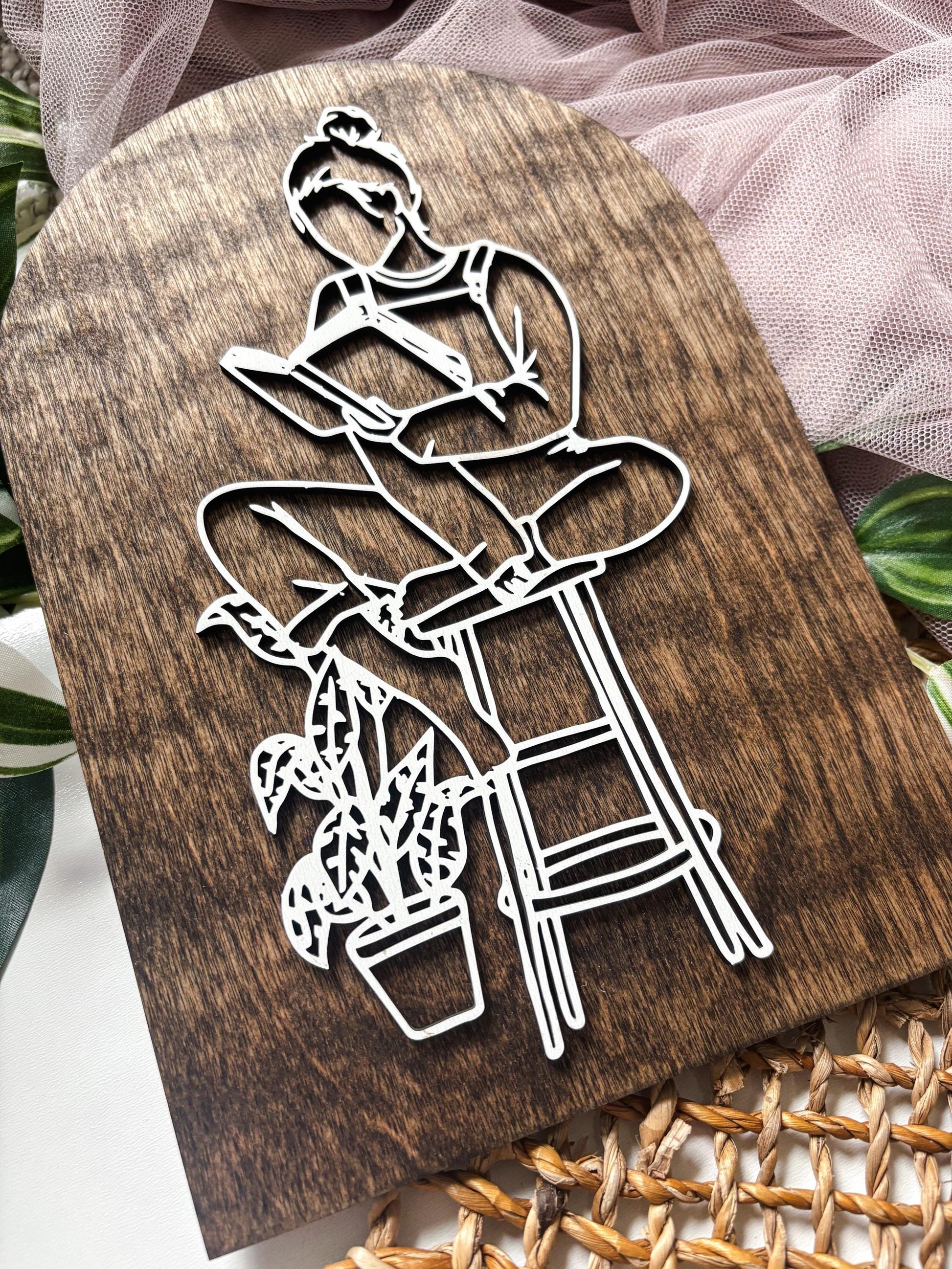 Reading Girl Wall Art, Book Lover Decor, Cozy Reading Nook Decor, Bookish Wall Art, Reader Gift, Cottagecore Line Art, Plant Lover Art