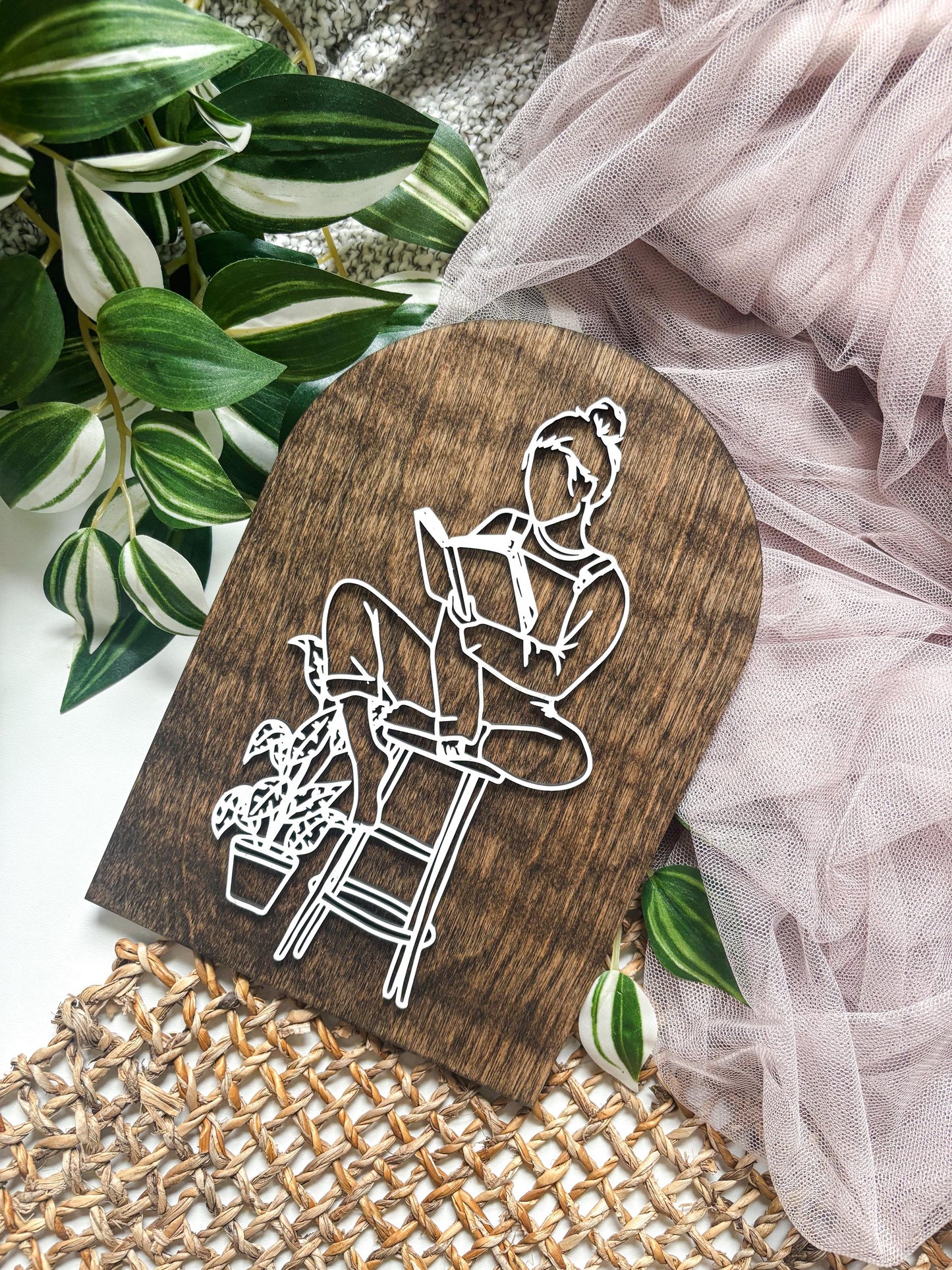 Reading Girl Wall Art, Book Lover Decor, Cozy Reading Nook Decor, Bookish Wall Art, Reader Gift, Cottagecore Line Art, Plant Lover Art