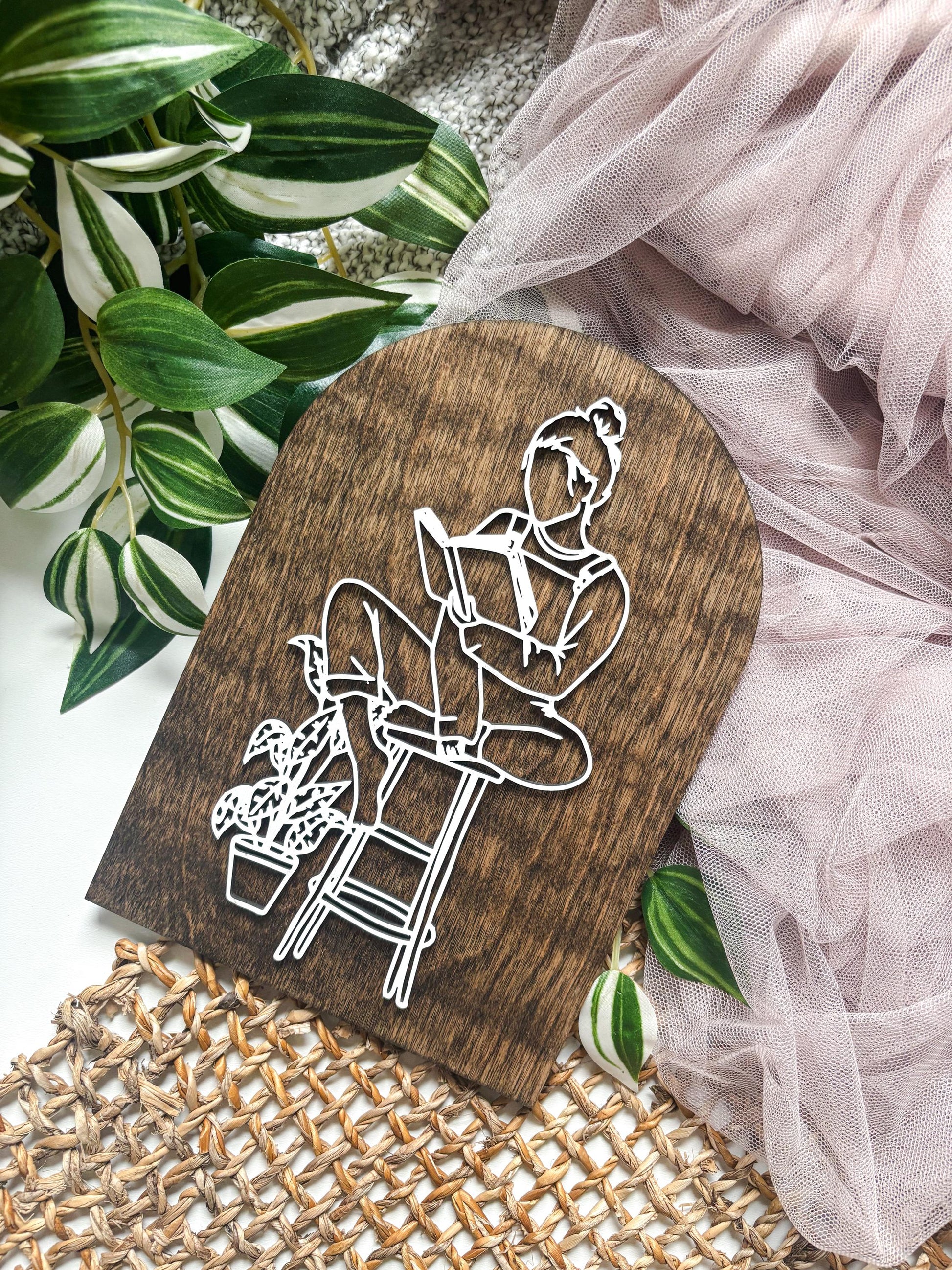 Reading Girl Wall Art, Book Lover Decor, Cozy Reading Nook Decor, Bookish Wall Art, Reader Gift, Cottagecore Line Art, Plant Lover Art