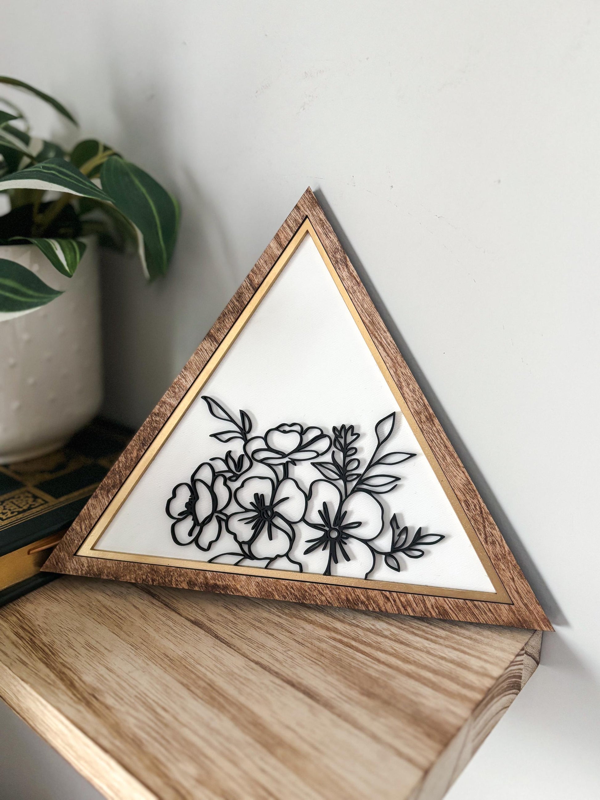 Triangle Floral Wall Art, Geometric Wood Flower Wall Decor, Botanical Line Art Sign, Modern Minimalistic Wall Decor, Floral Home Decor